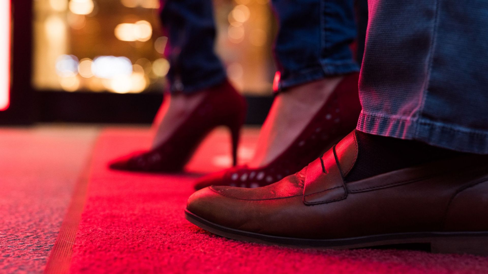 Close up of shoes on the red carpet.