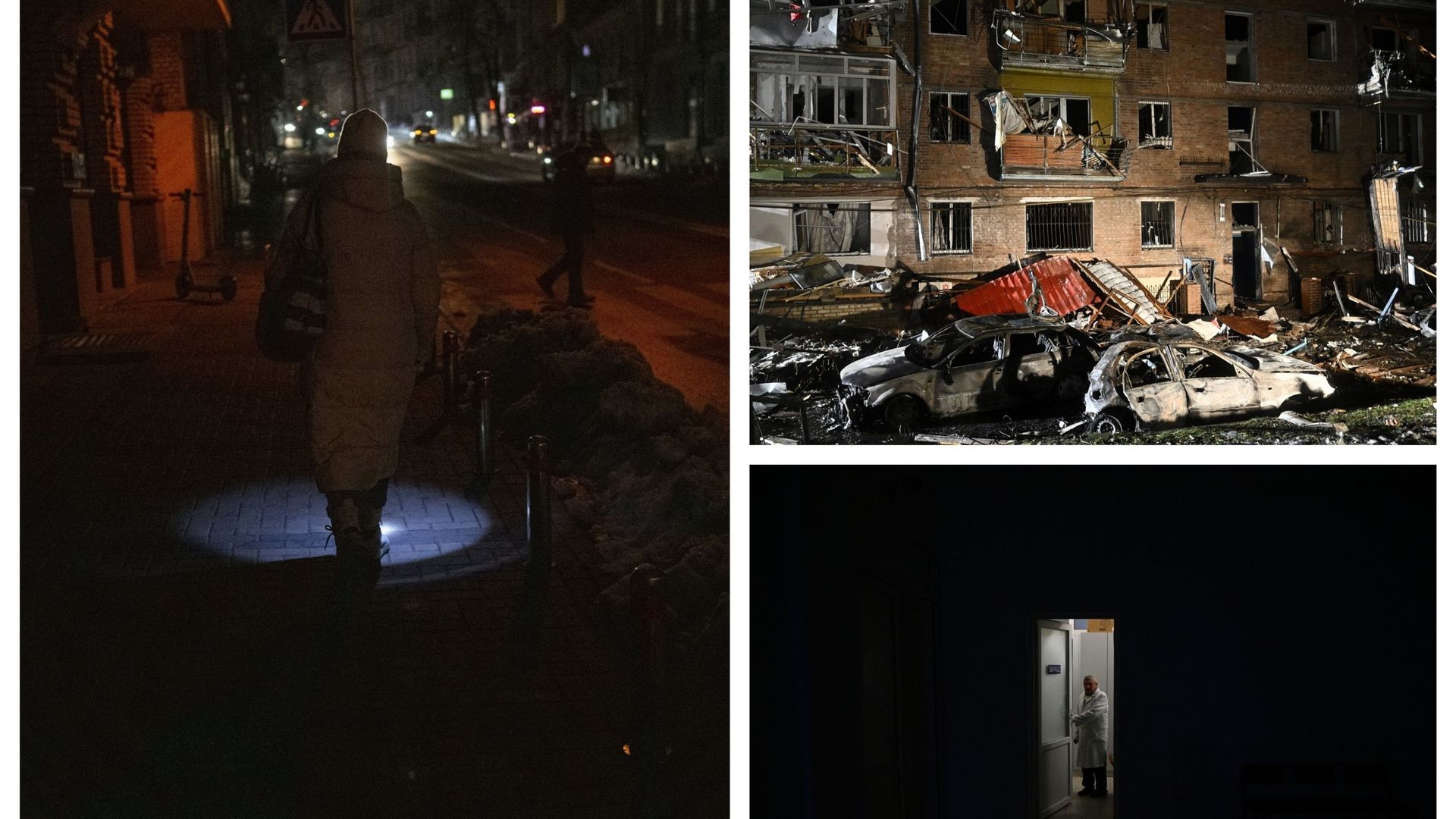Kiev dans le noir, frappe sur un immeuble dans la banlieue de Kiev et vue d’un homme dans un hôpital de Lviv, dans la nuit du 23 au 24 novembre 2022…