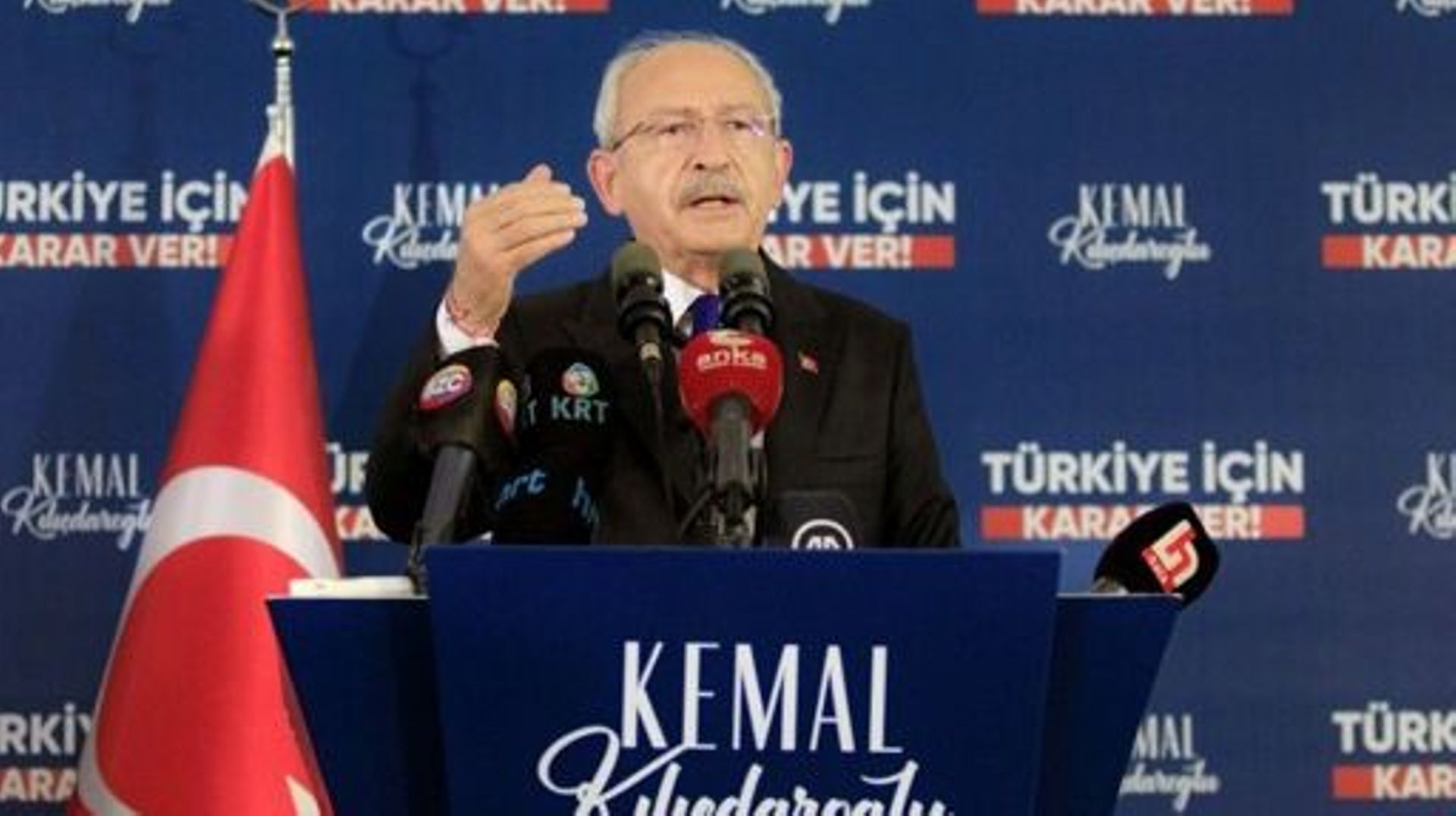 Turkey's Republican People's Party (CHP) Chairman and Presidential candidate Kemal Kilicdaroglu gives a speech in a tent during a campaign rally in Antakya, Turkey, on May 23, 2023, ahead of the May 28 presidential runoff vote.  Can EROK / AFP