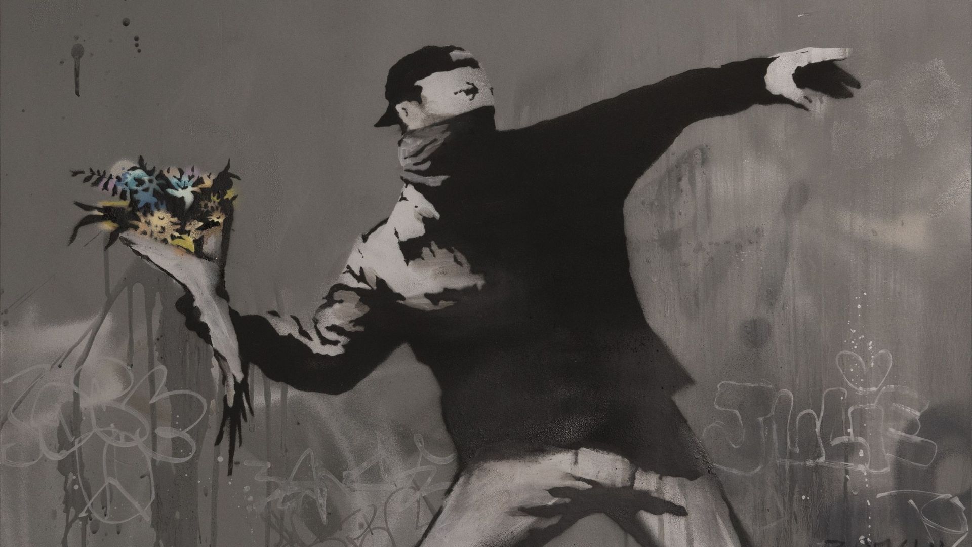 Banksy, 'Love is in the Air' (2015). Cliquez en haut à droite de l'image pour afficher les autres photos du diaporama.
