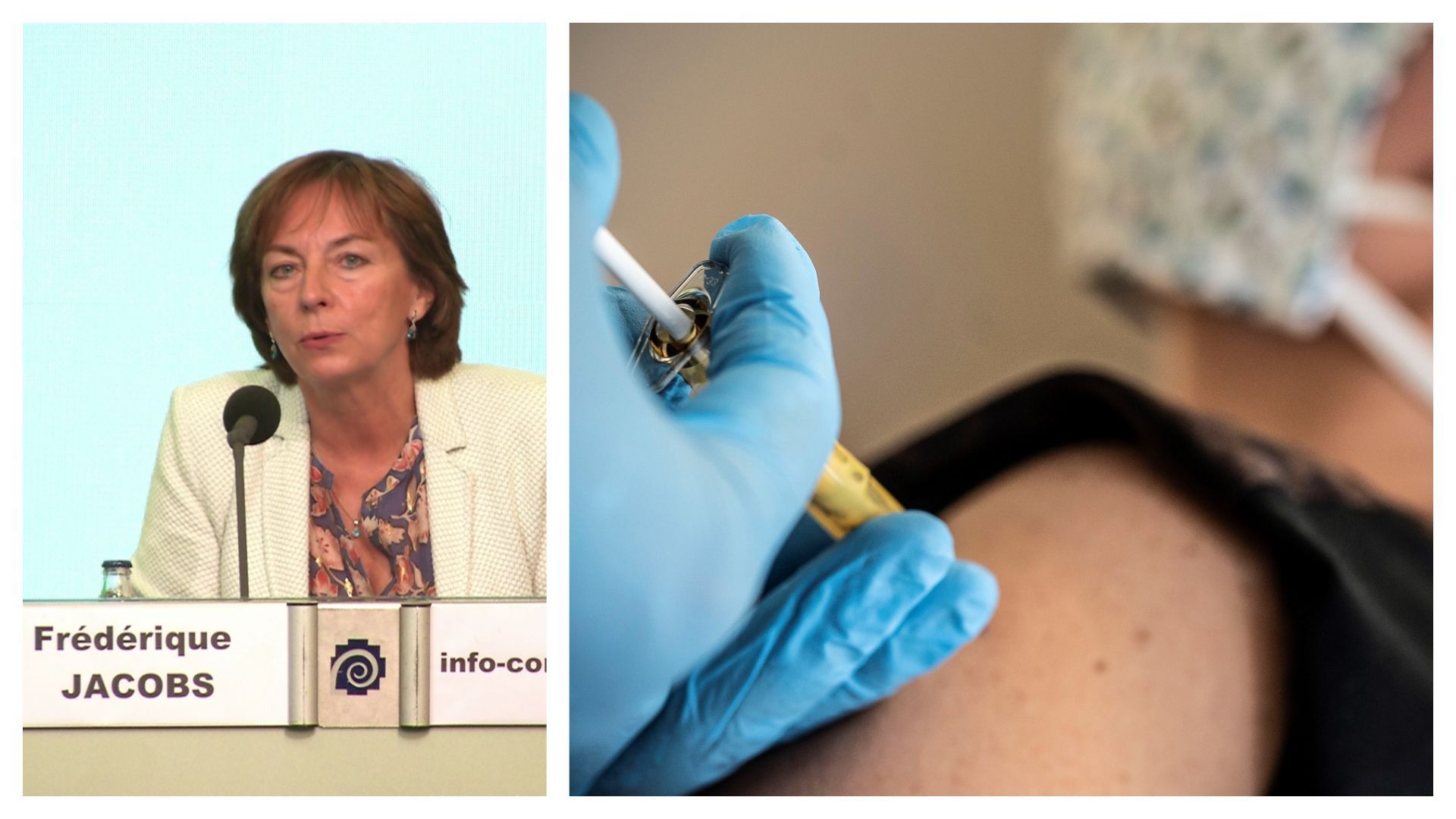 Frédérique Jacobs ce 28 août à Bruxelles, et une vaccination (image d'illustration)