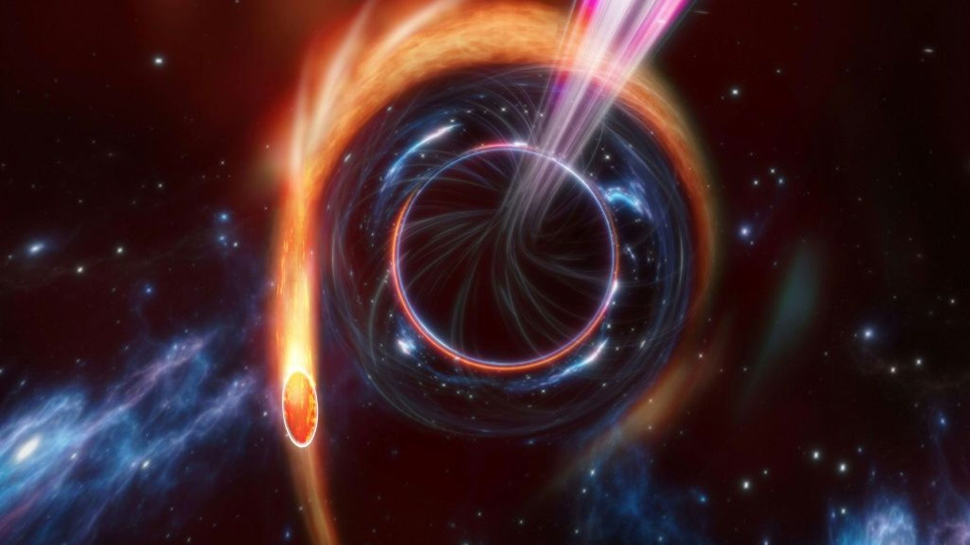 Vue d’artiste fournie par Nature le 30 novembre 2022 montrant un jet lumineux émis par un trou noir avalant une étoile.
