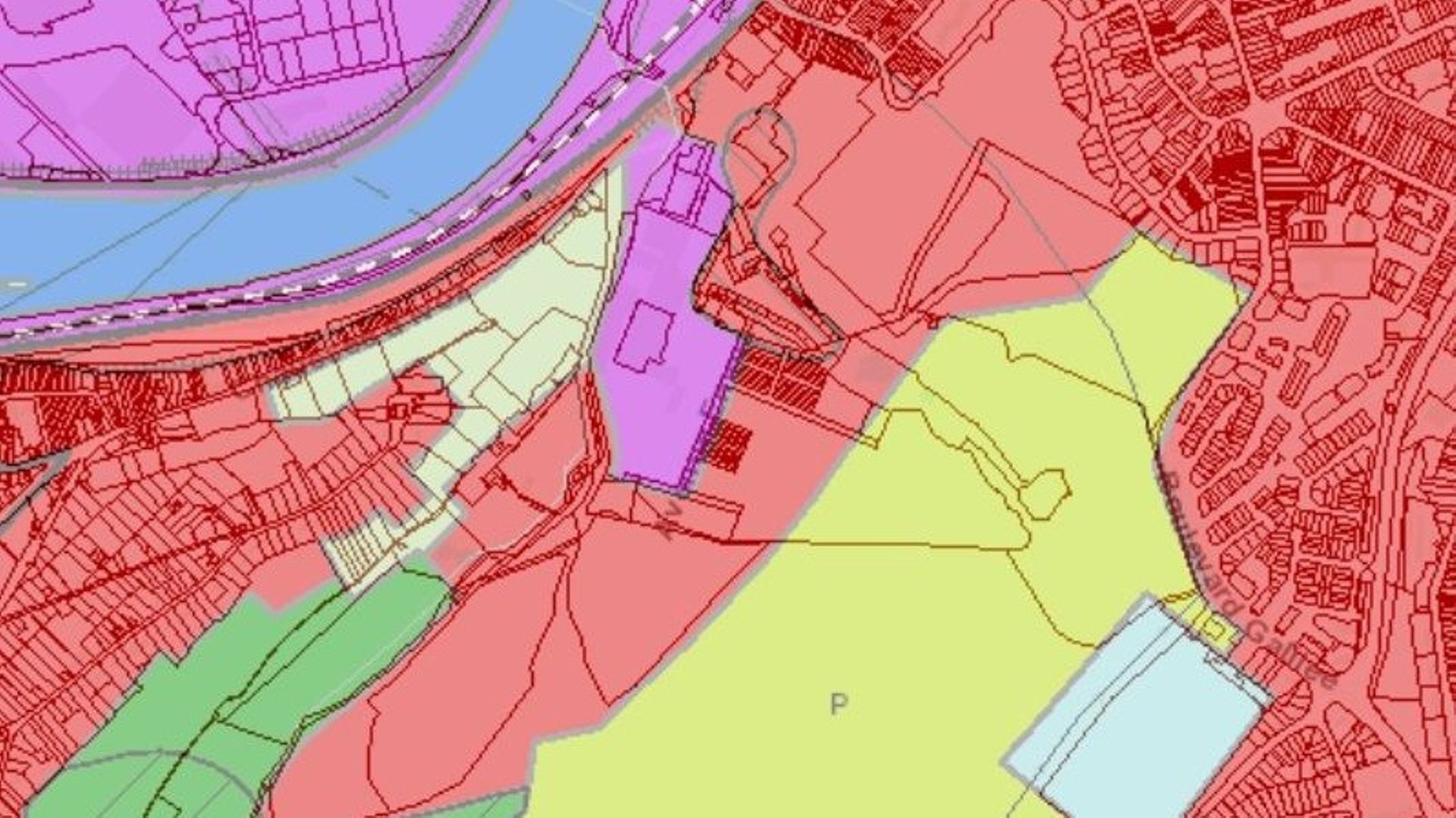 Plan du site du Val Saint-Lambert. La zone en jaune au centre (zone de parc), la zone rouge qui la borde au-dessus et à gauche (zone d'habitat) et la zone mauve (zone d'activité économique) qui y est enclavée sont concernées par les ventes de terrains.