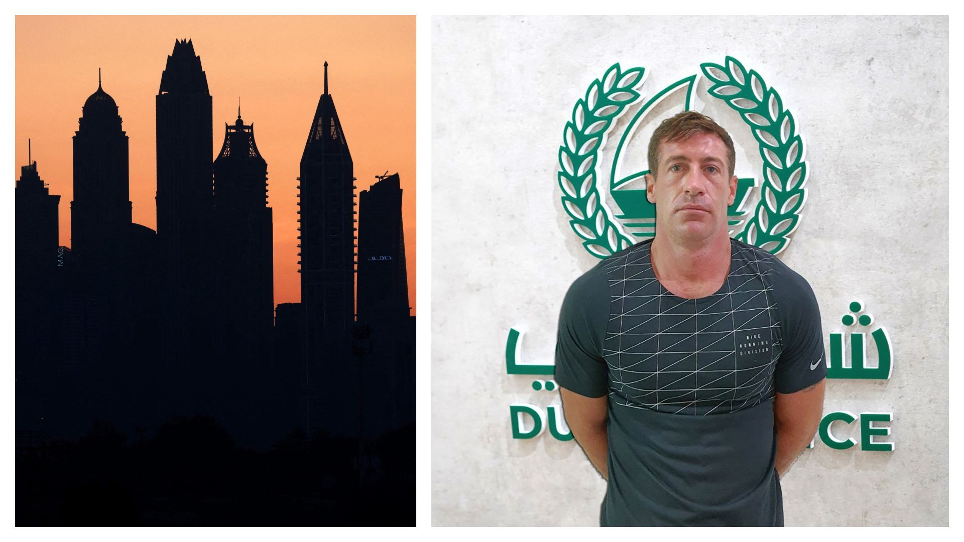 Skyline de la marina de Dubai et photo fournie par la police de Dubaï le 9 mai 2021 montrant un homme identifié comme Michael Paul Moogan
