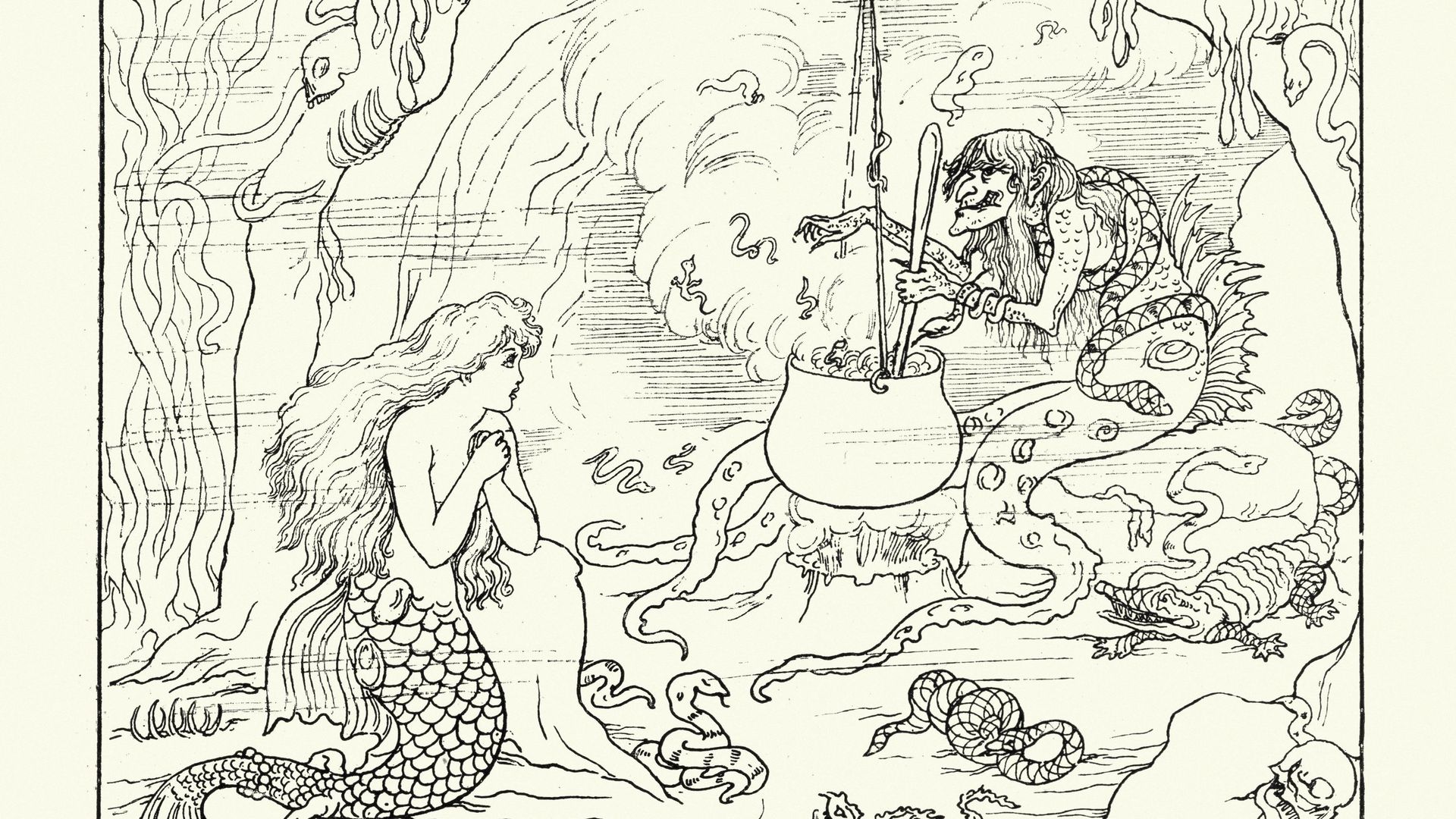 Gravure ancienne d’une scène de la Petite sirène, un conte de fées de l’auteur danois Hans Christian Andersen sur une jeune sirène prête à abandonner sa vie dans la mer et son identité de sirène pour gagner une âme humaine.
