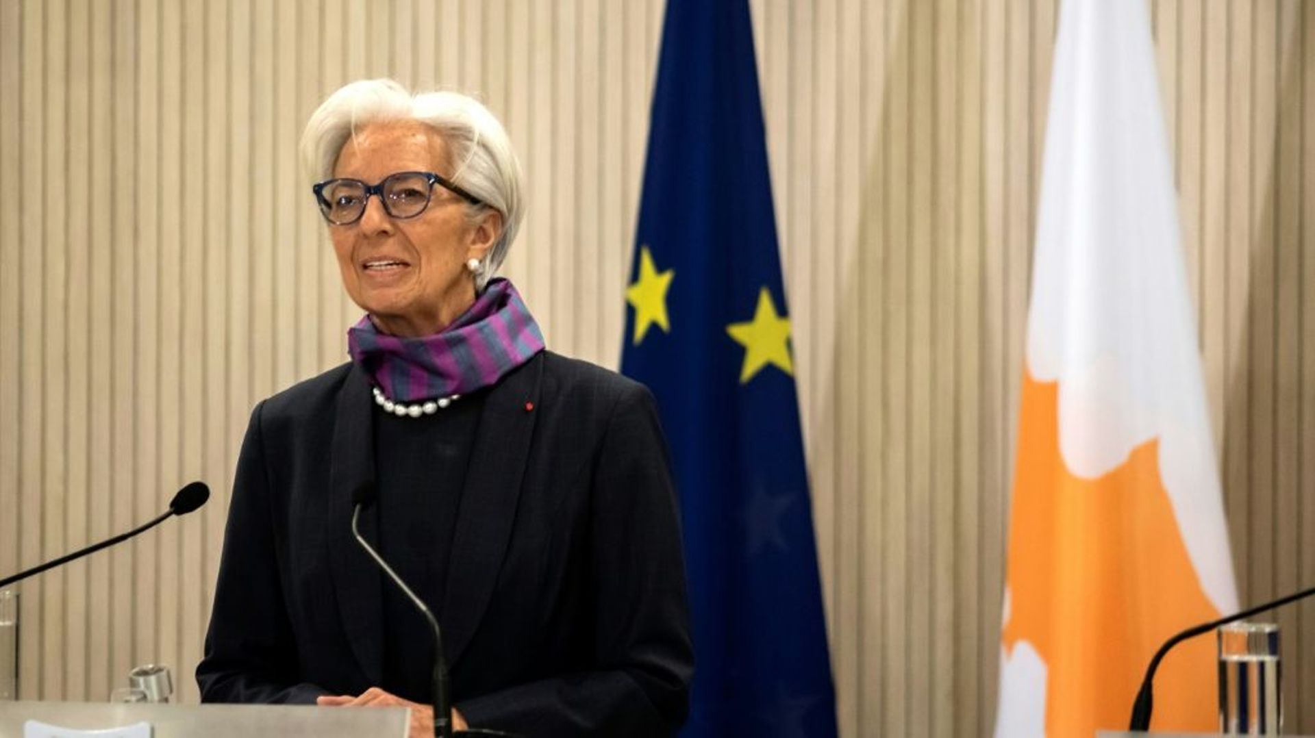 La présidente de la Banque centrale européenne Christine Lagarde, lors d'une conférence de presse à Nicosie, à l'occasion d'une visite à Chypre 30 mars 2022
