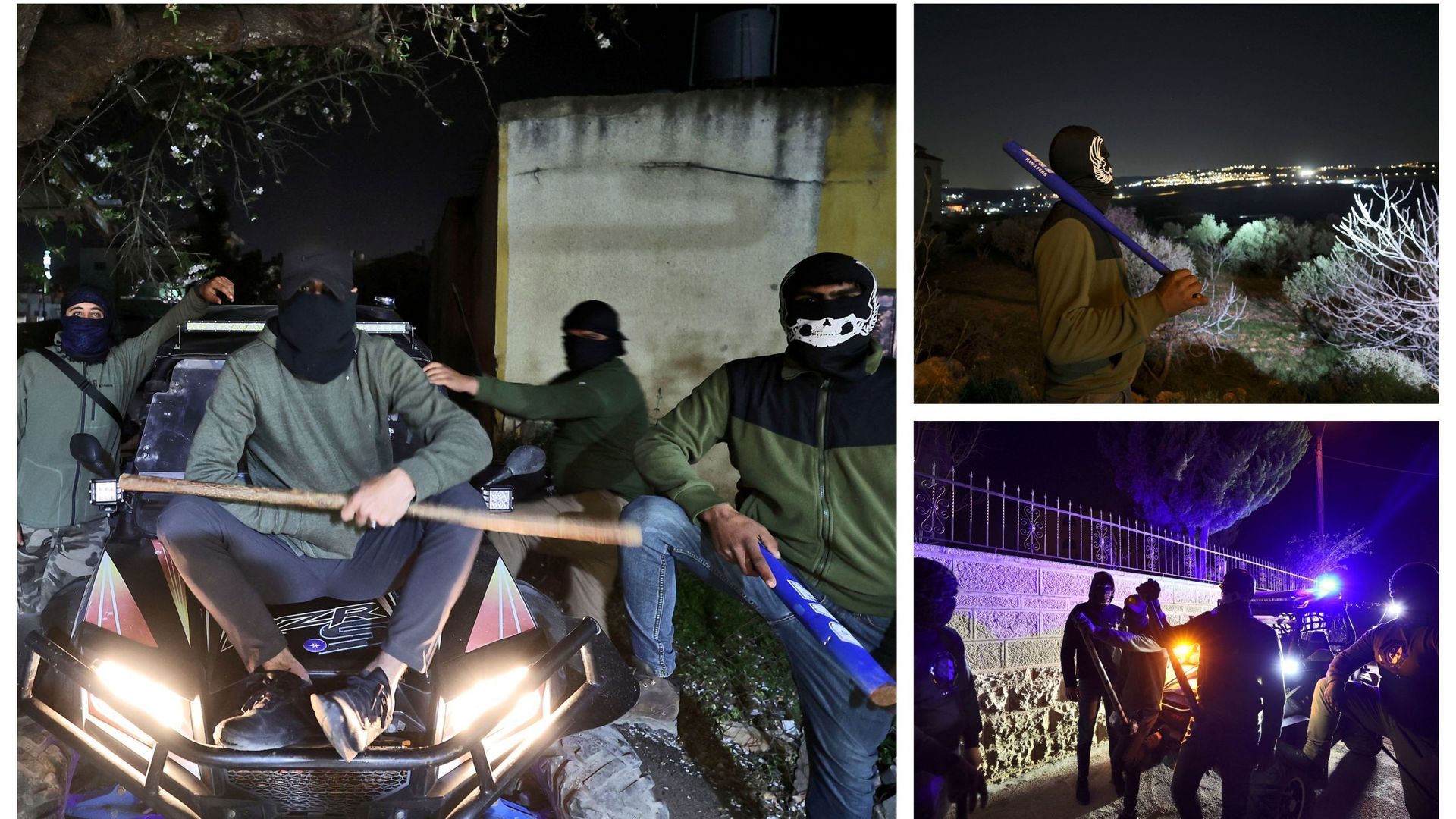 Un groupe de Palestiniens masqués lors d’une patrouille nocturne dans le village de Turmus’ayya, en Cisjordanie occupée, le 28 février 2023