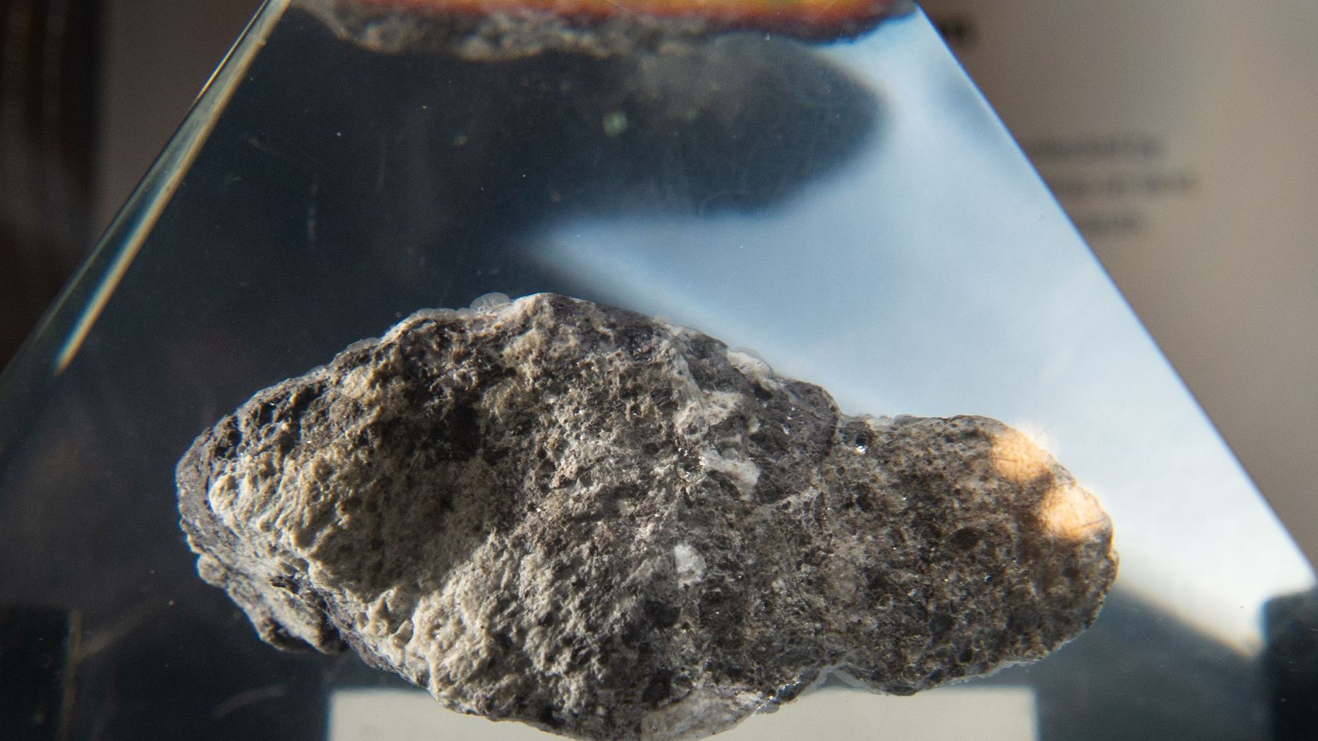 Un échantillon de roche lunaire est exposé en Californie lors d’un gala célébrant les 50 ans du premier pas sur la Lune