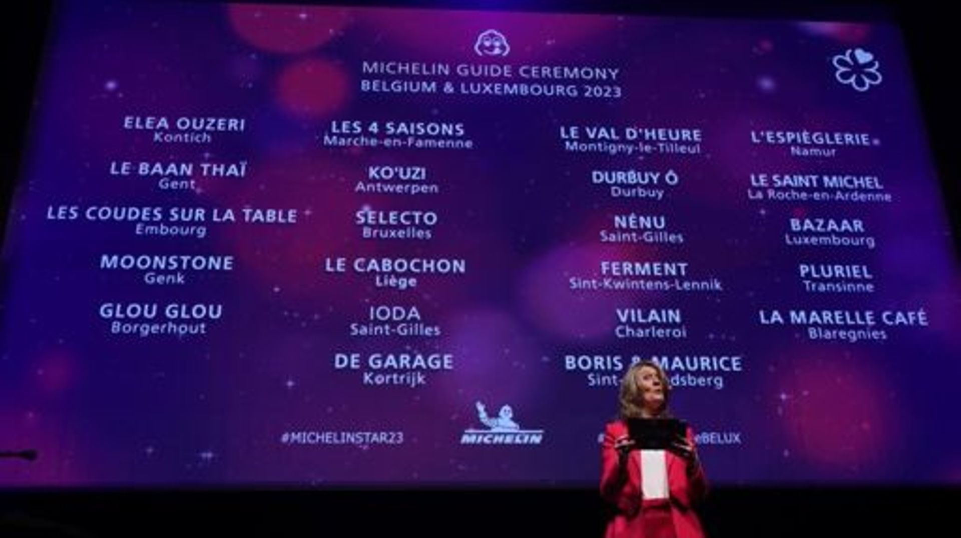 The list of Michelin Green Star restuarants pictured during the presentation of the new edition of the Michelin 2023 restaurant and hotel guide for Belgium and Luxembourg, in Mons, Monday 13 March 2023. BELGA PHOTO BENOIT DOPPAGNE