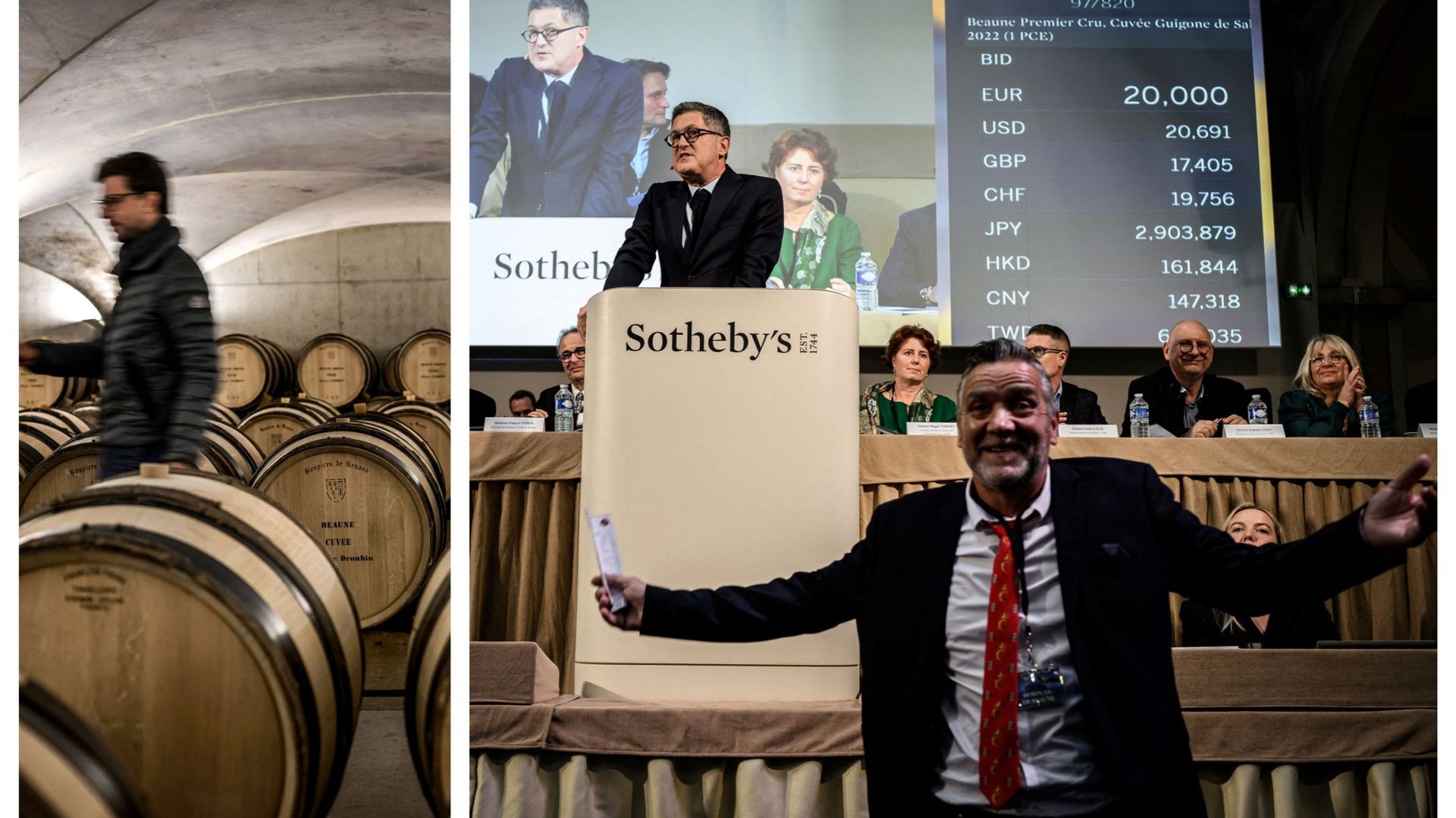 Un commissaire-priseur supervise la 162e vente aux enchères de vins de charité des Hospices de Beaune, le 20 novembre 2022, dans le centre de la France. La " Pièce des Présidents " a été vendue pour 810.000 euros établissant un nouveau record.
