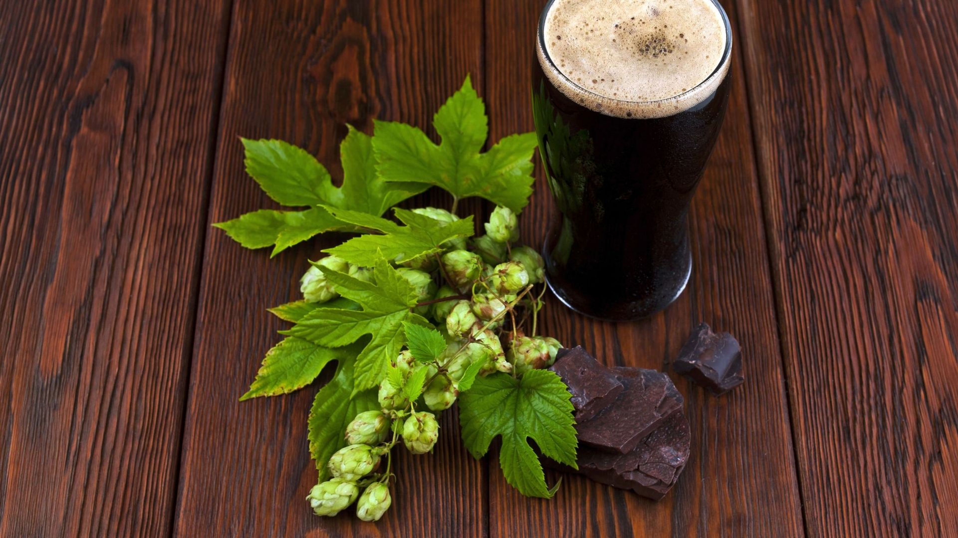 Verre de bière, feuilles de houblon et chocolat.