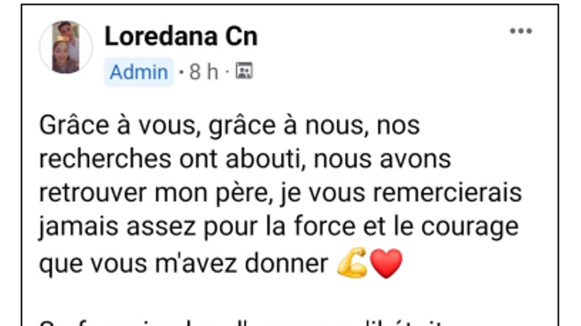 Après le retour de son papa, Loredana a posté sur FB un message de remerciement pour tout le soutien reçu.