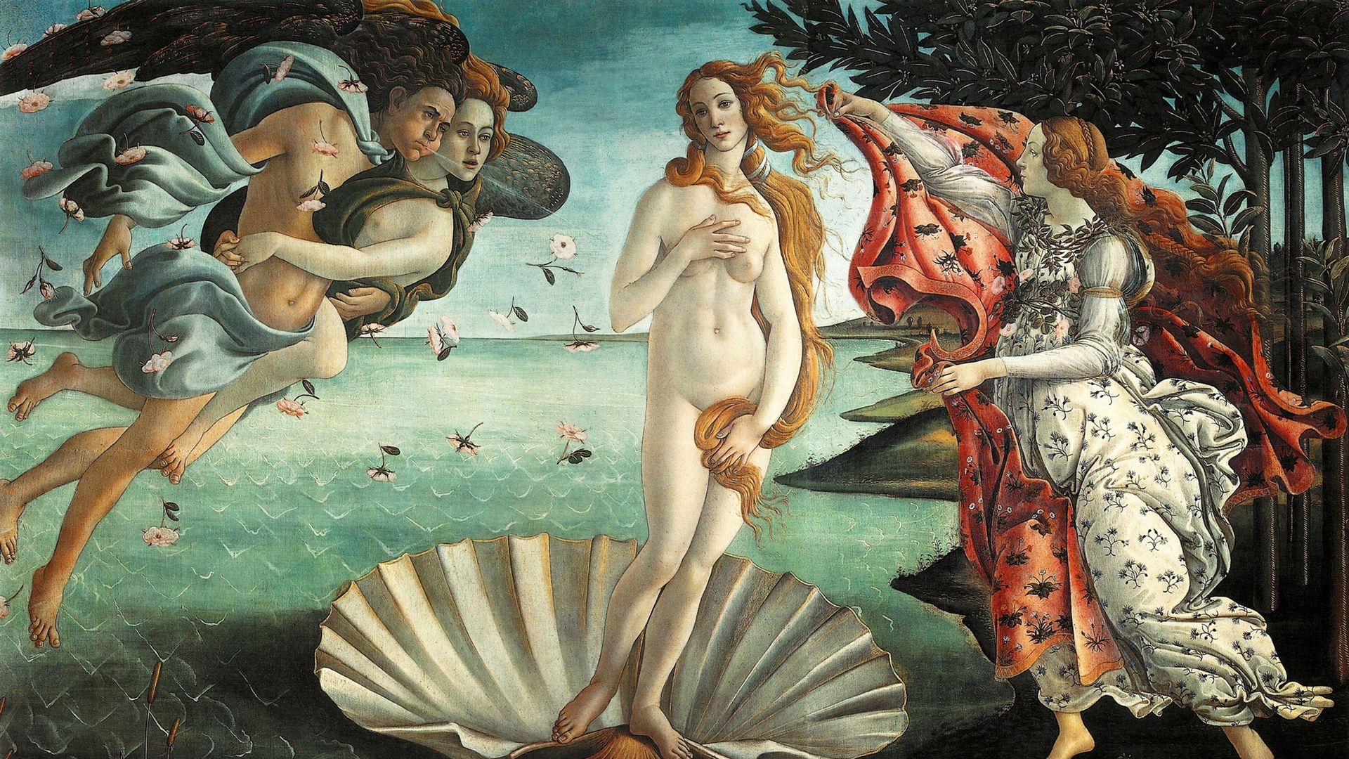 "La Naissance de Vénus", peinture du peintre italien de la Renaissance Sandro Botticelli c. 1445 - 1510. Il représente la déesse Vénus, ayant émergé de la mer en tant que femme adulte, arrivant au bord de la mer.