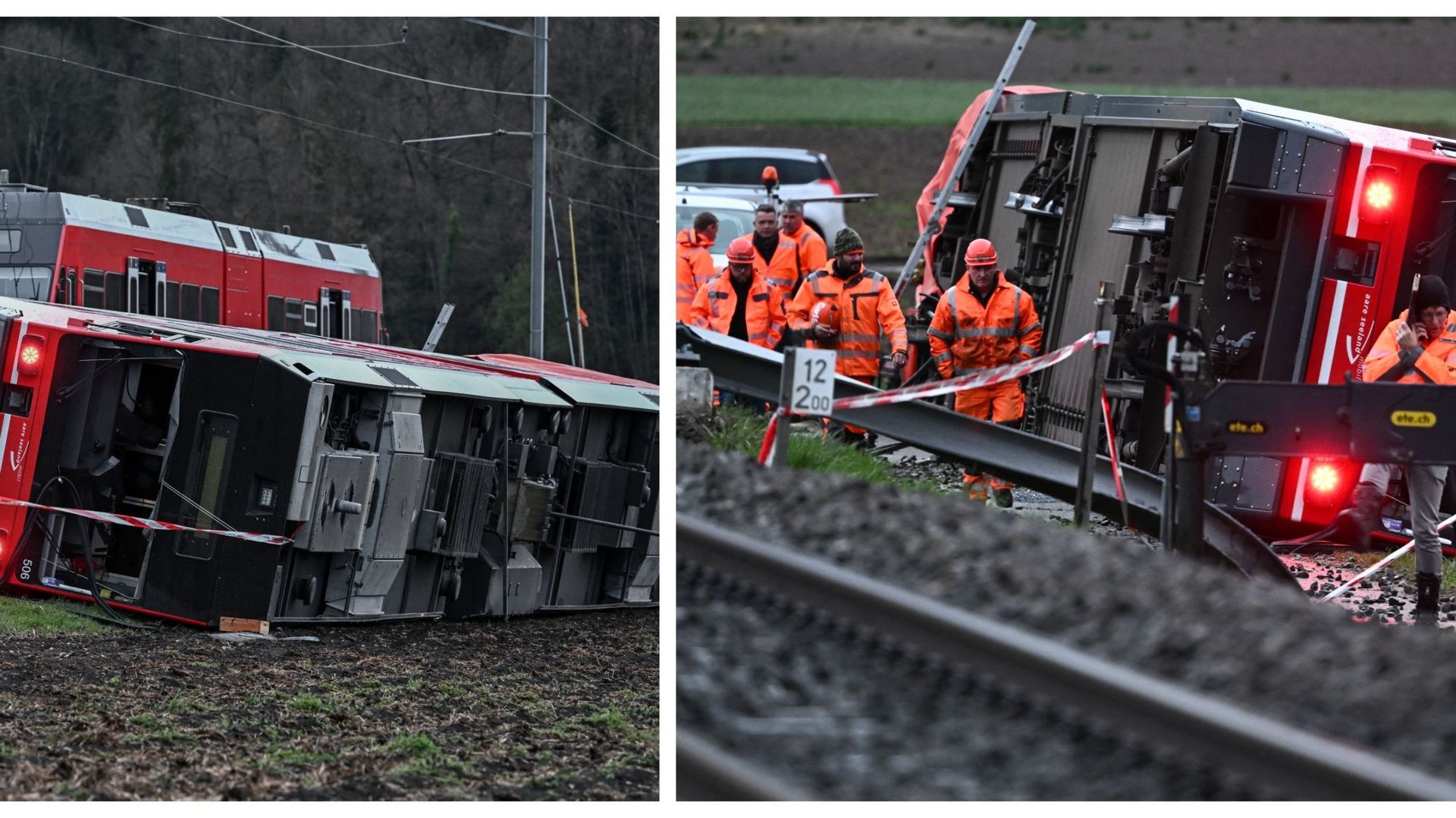 Le personnel des trains travaille sur le site du déraillement d’un train près de la ville lacustre de Luscherz, au nord-ouest de la capitale Berne, le 31 mars 2023.