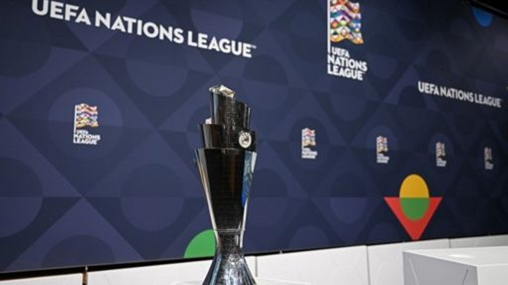 The UEFA Nations League trophy is displayed prior to the start of the 2023 UEFA Nations League football finals draw in Nyon, Switzerland, on January 25, 2023. The draw determines the semi-final pairings for the four-team 2023 UEFA Nations League football 