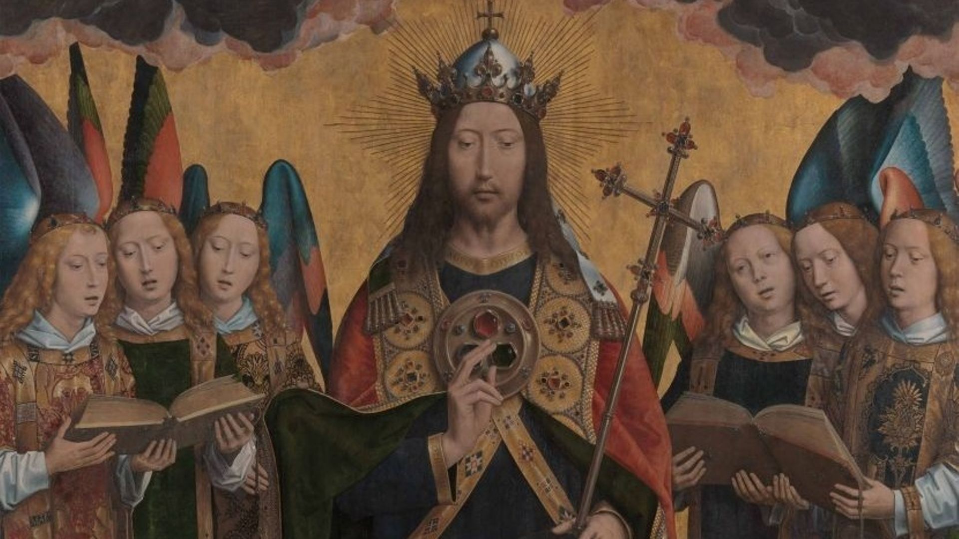 Dieu le Père entouré d’anges chanteurs et musiciens d’Hans Memling, fin du XVe siècle, Musée Royal des Beaux-Arts d’Anvers