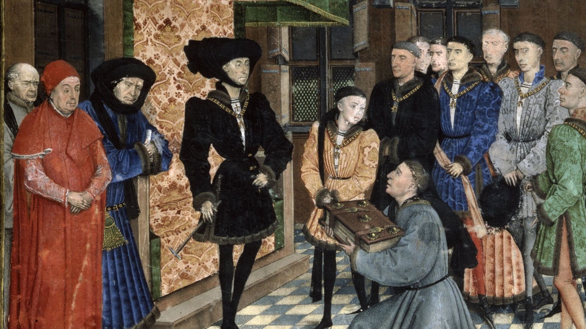 Jean Wauquelin présente son ouvrage à Philippe le Bon. Miniature de Rogier van der Weyden dans Les Chroniques de Hainaut. 