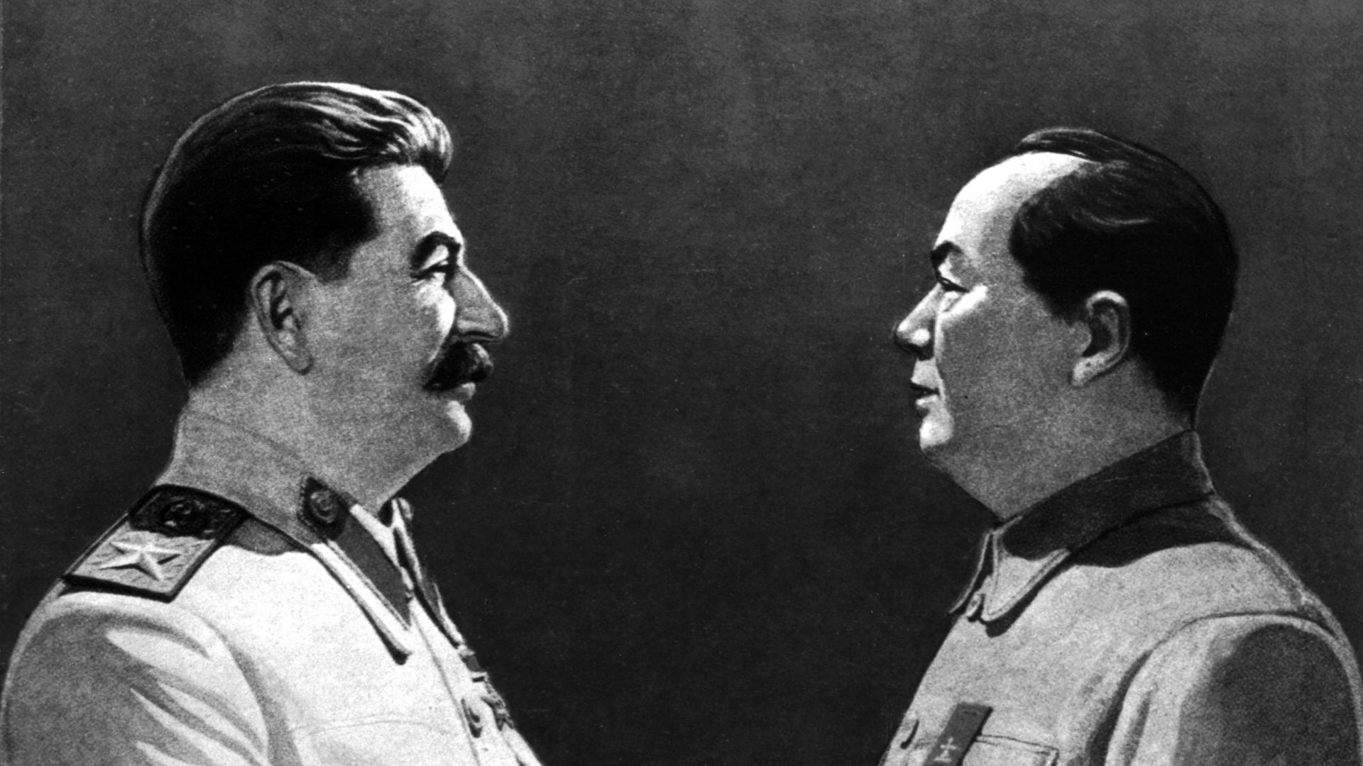 Poster de propagande montrant l'amitié entre Staline et Mao au début des années 1950. 