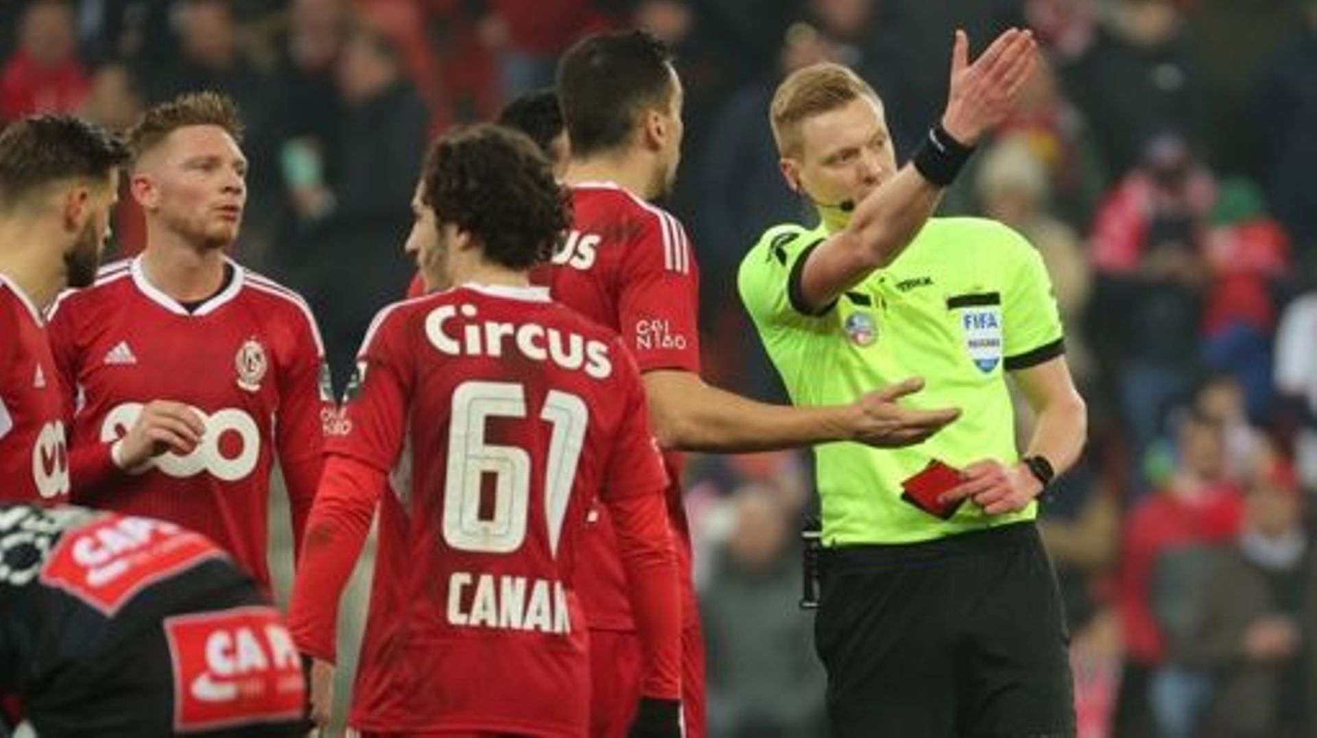 Standard’s Konstantinos Kostas Laifis receives a red card from referee Lothar D’Hondt during a soccer match between Standard de Liege and KV Kortrijk, Sunday 12 February 2023 in Liege, on day 25 of the 2022-2023 'Jupiler Pro League' first division of the