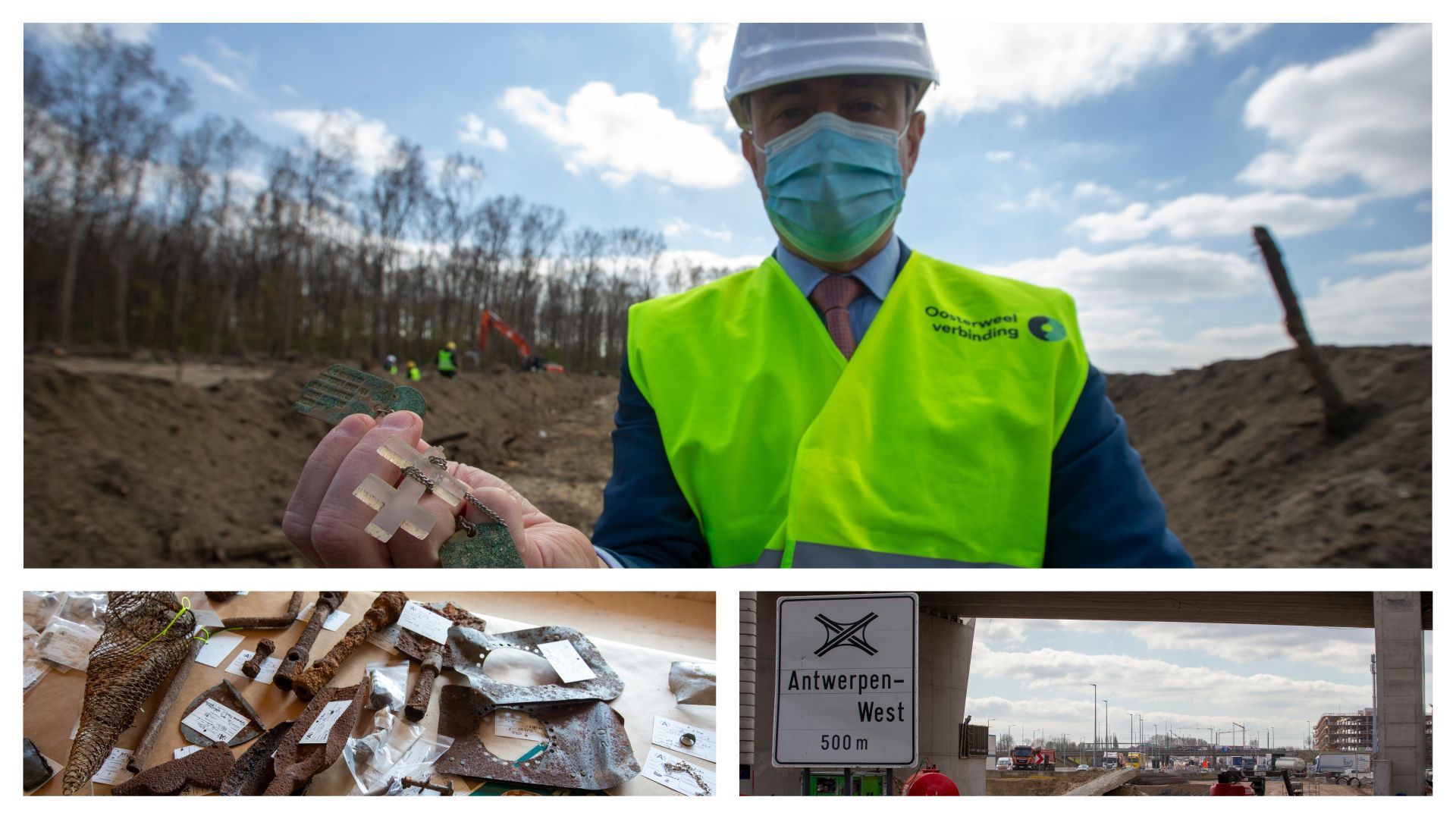 Bart De Wever présente une trouvaille découverte sur le chantier de l'Oosterweel, artefacts et image des travaux autoroutiers 