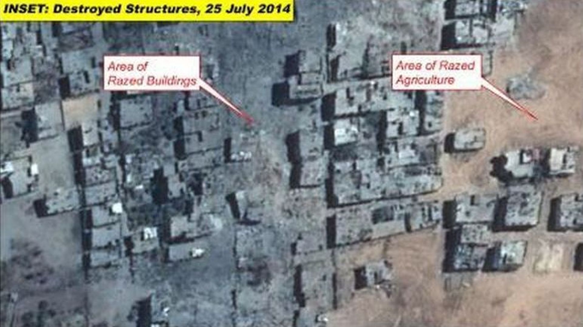 Image satellite d'une portion de la bande de Gaza, située dans le nord-est, 17 jours après le lancement de l'offensive le 8 juillet