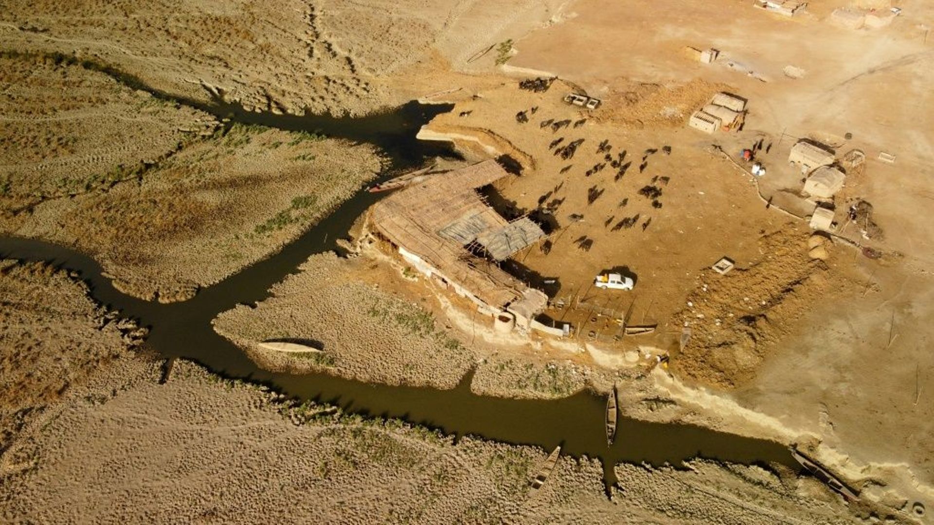 Vue aérienne d'une ferme de bisons sur les bords d'une rivière asséchée dans la région de Dhi Qar, le 28 septembre 2022