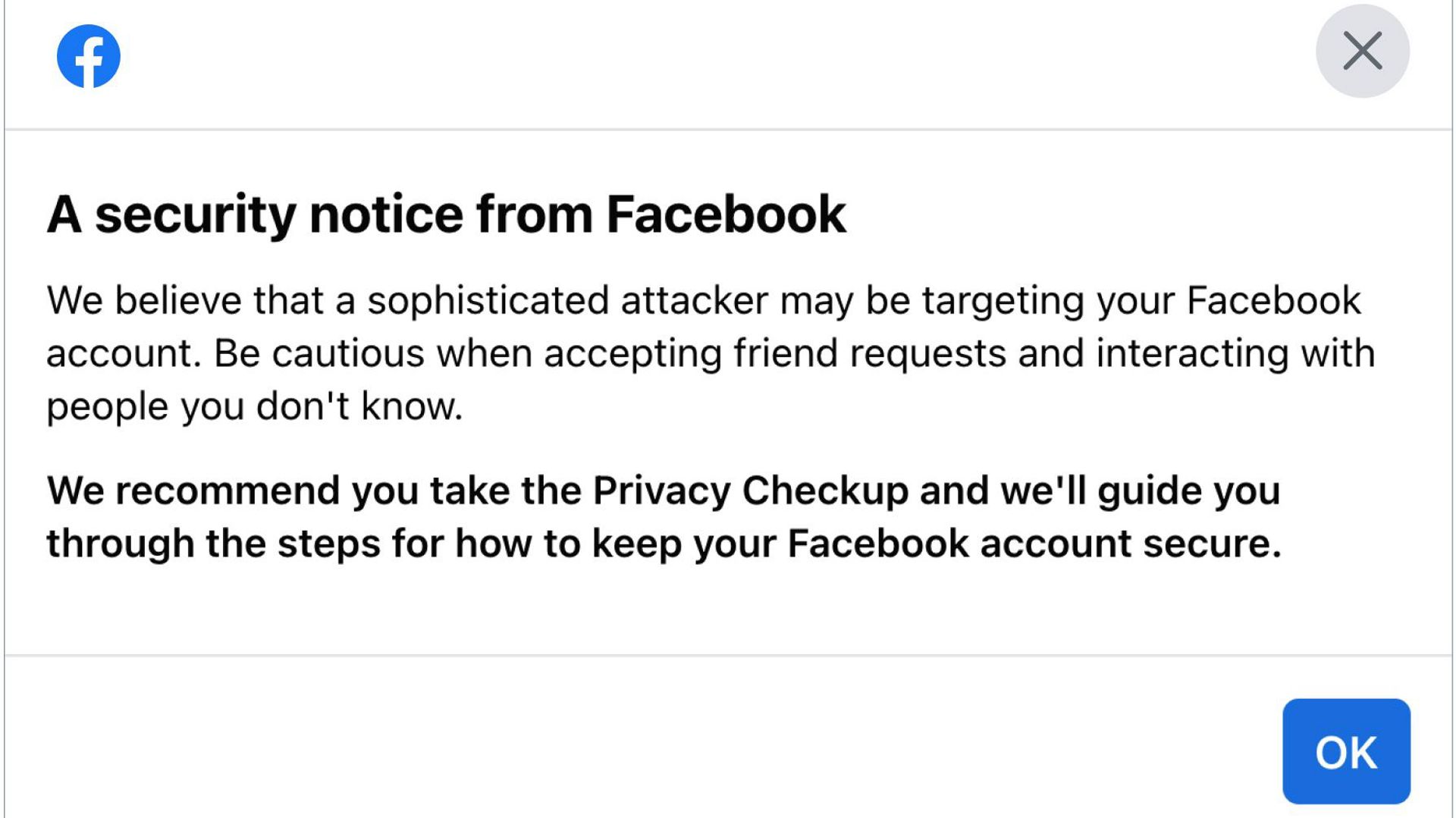 La notification de Facebook d'une tentative d'intrusion par un logiciel espion.
