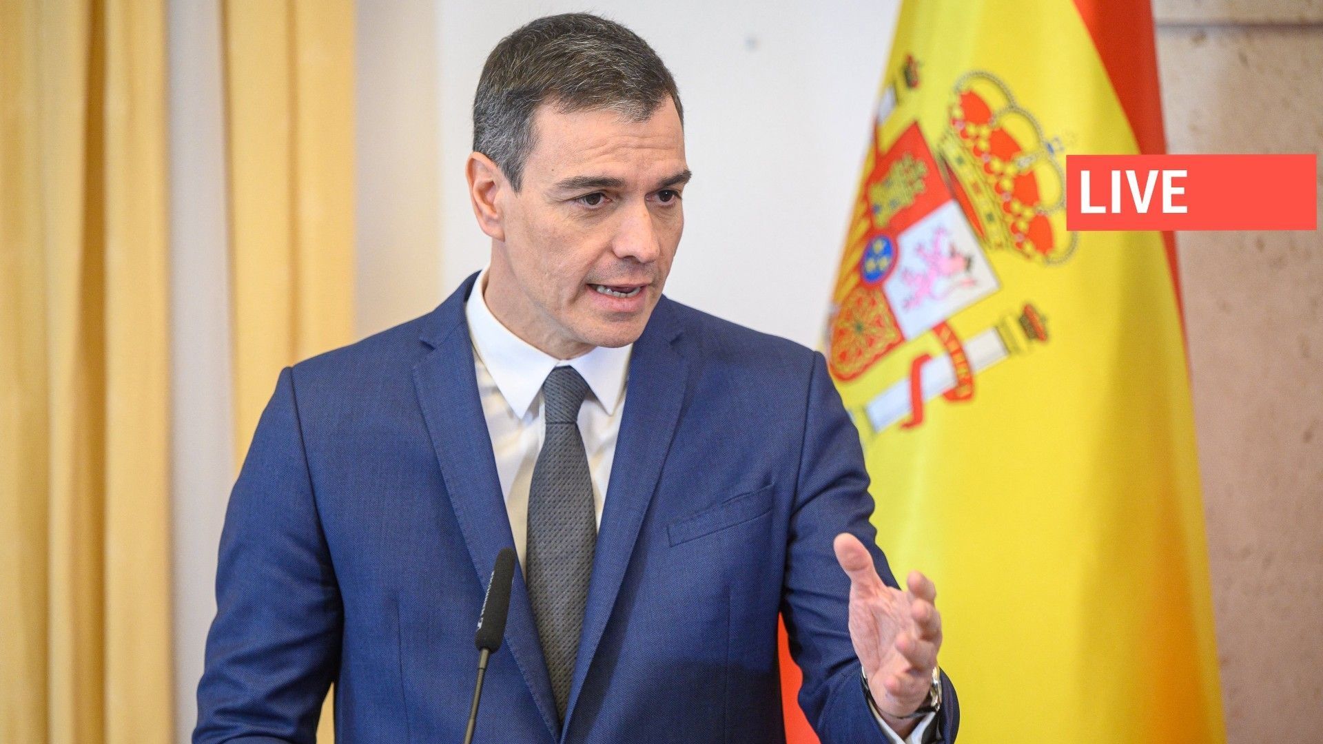 Le Premier ministre espagnol Pedro Sanchez donne une conférence de presse après une rencontre avec son homologue slovène au château de Brdo