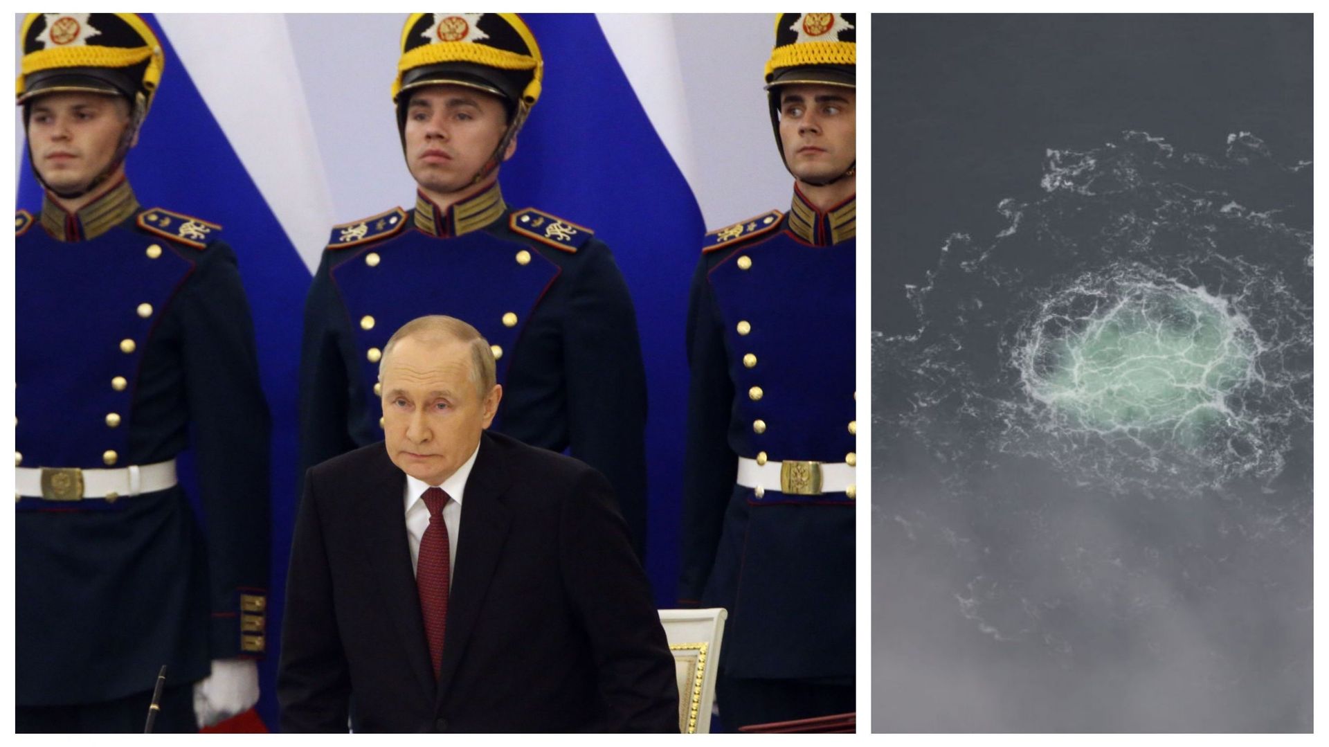 Vladimir Poutine le 29 septembre à Moscou et fuite sur le gazoduc Nord Stream, dans la Baltique, le 28 septembre