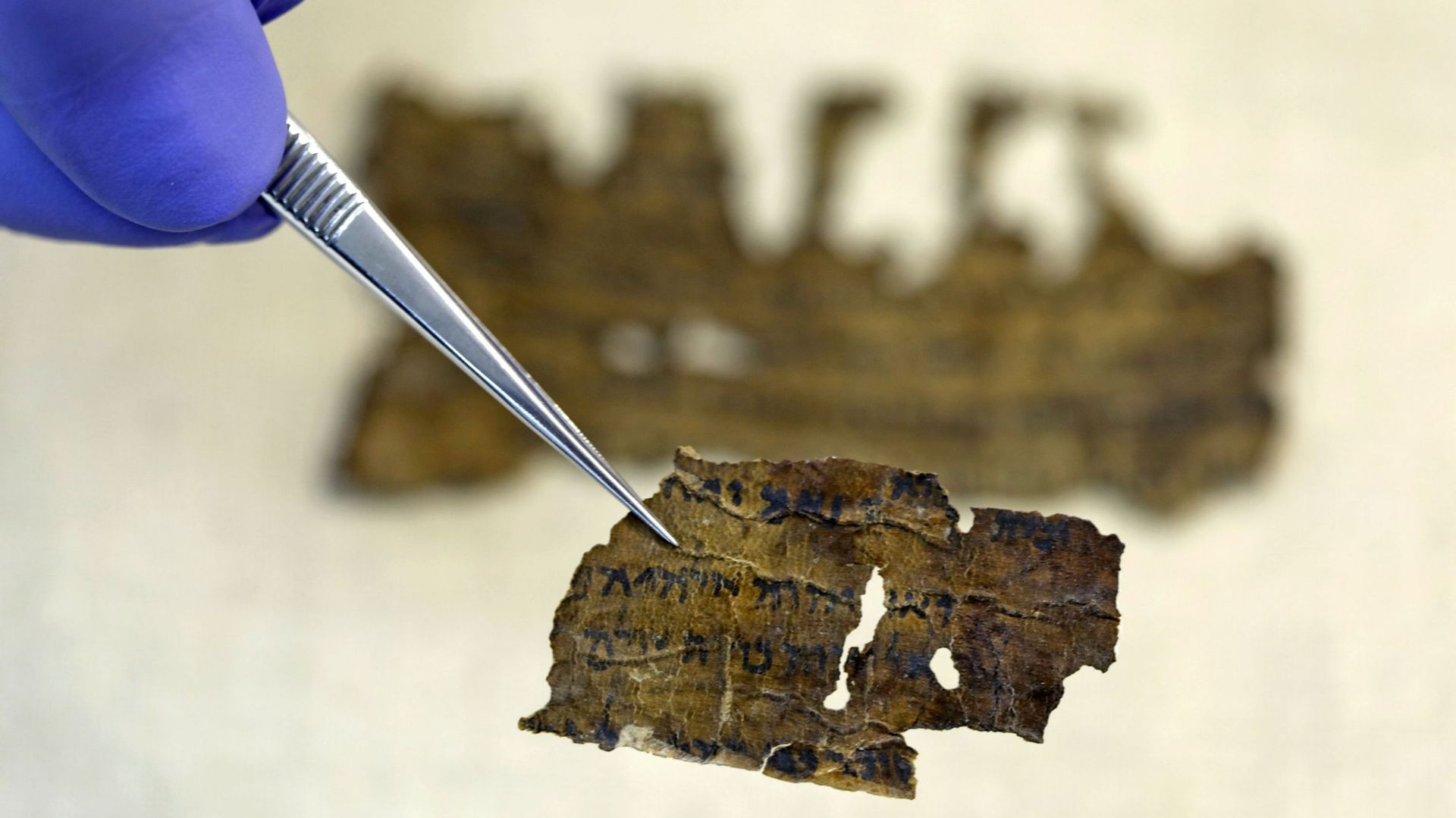 Fragments de manuscrits de la mer Morte, dans un laboratoire à Jérusalem, le 2 juin 2020
