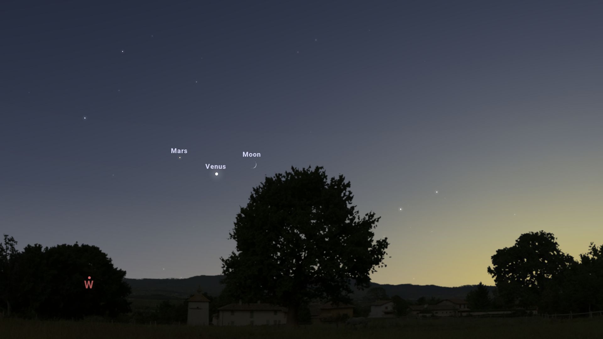 Rapprochement Mars, Vénus et un croissant le Lune