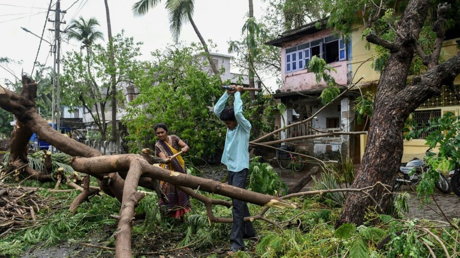 Des habitants coupent les branches d'un arbre abattu par le cyclone Tauktae, le 19 mai 2021 à Mahuva, en Inde