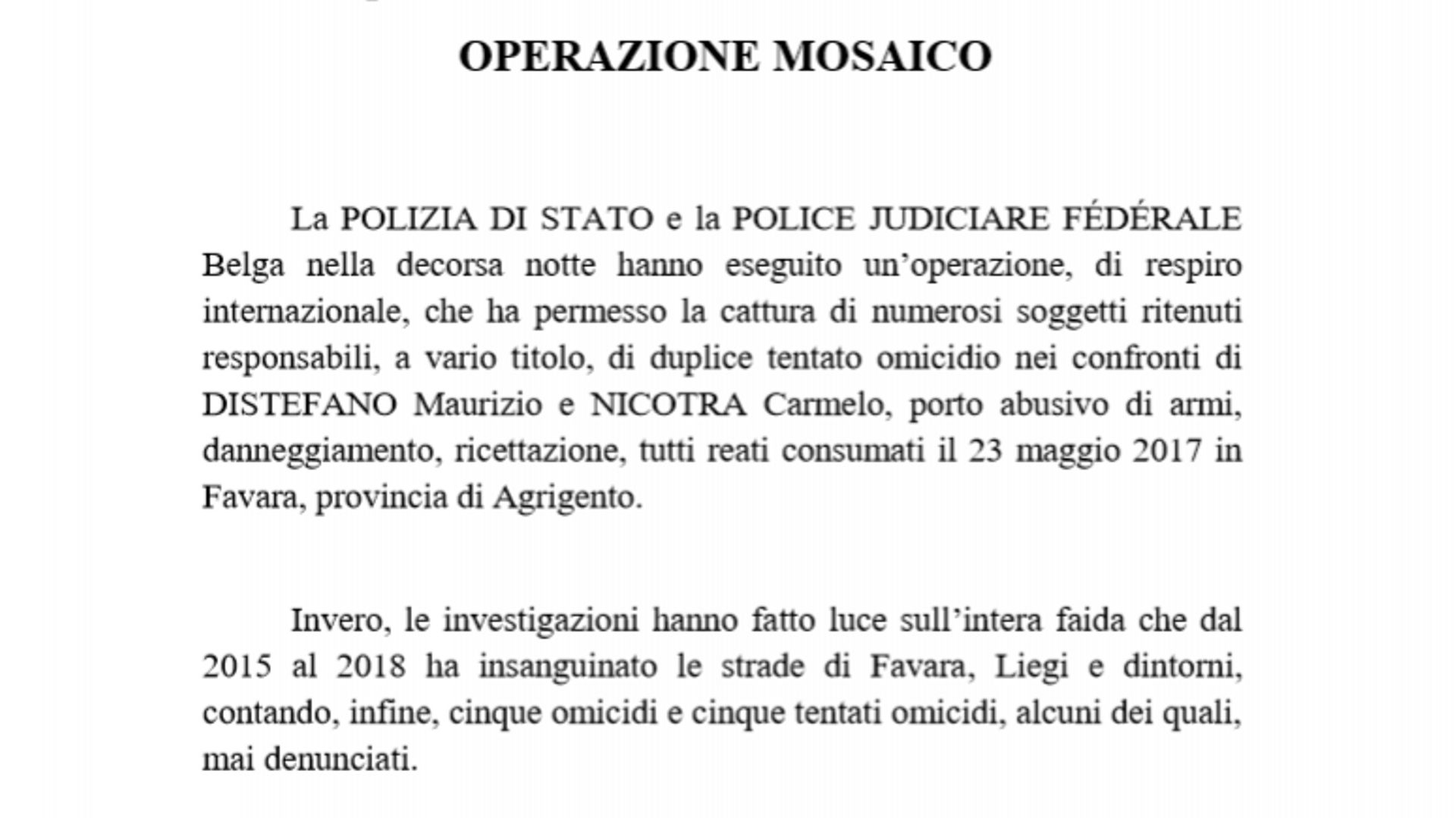 Extrait du communiqué italien relatant une opération coordonnée par l’unité antimafia de Palerme et le bureau du procureur de Liège en septembre