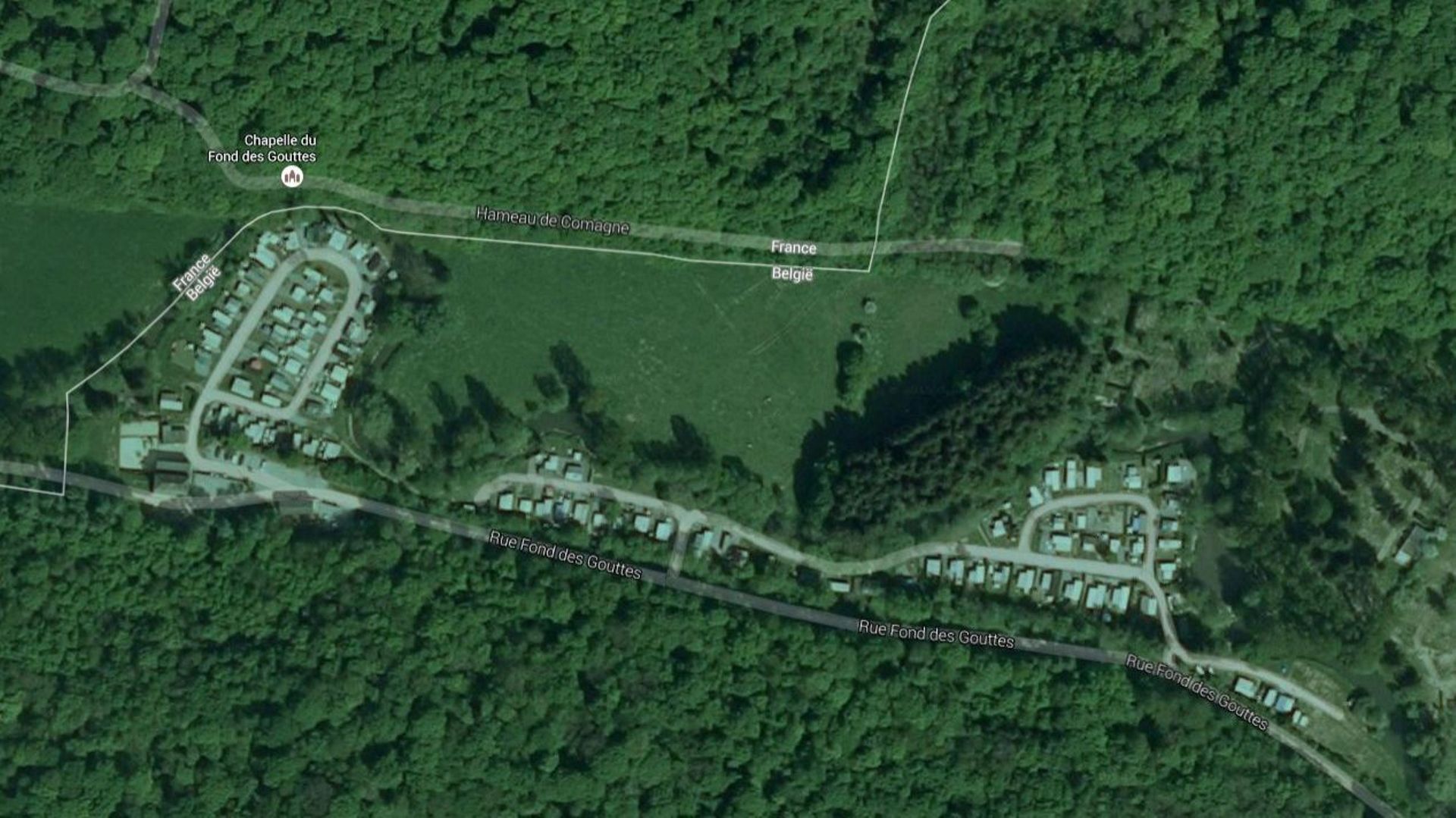 Le site du Fonds des Gouttes à Leugnies est un ancien camping dont voici une vue satellite