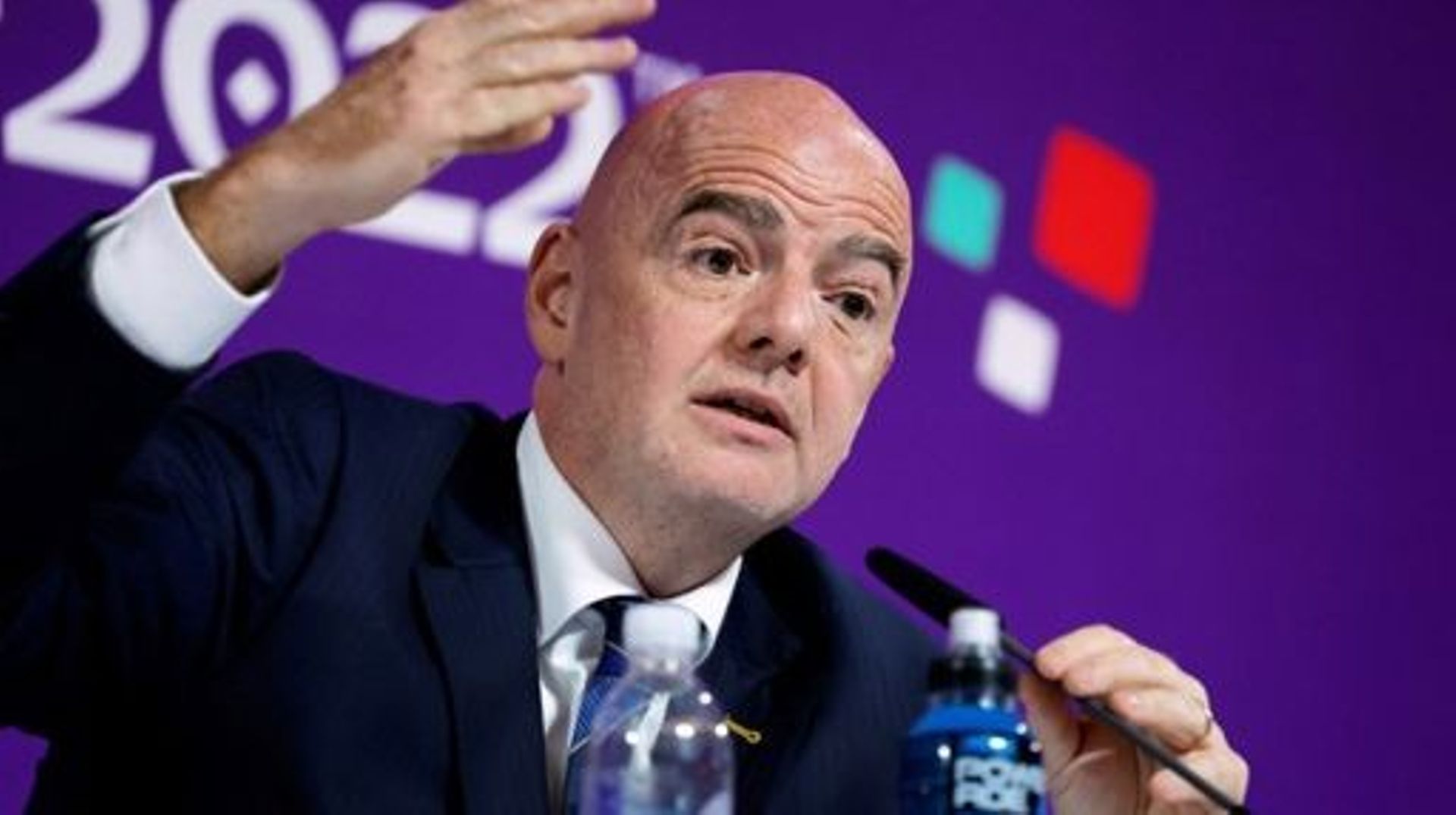 FIFA President Gianni Infantino gives a press conference Qatar National Convention Center (QNCC) in Doha on December 16, 2022, during the Qatar 2022 World Cup football tournament.  Odd ANDERSEN / AFP