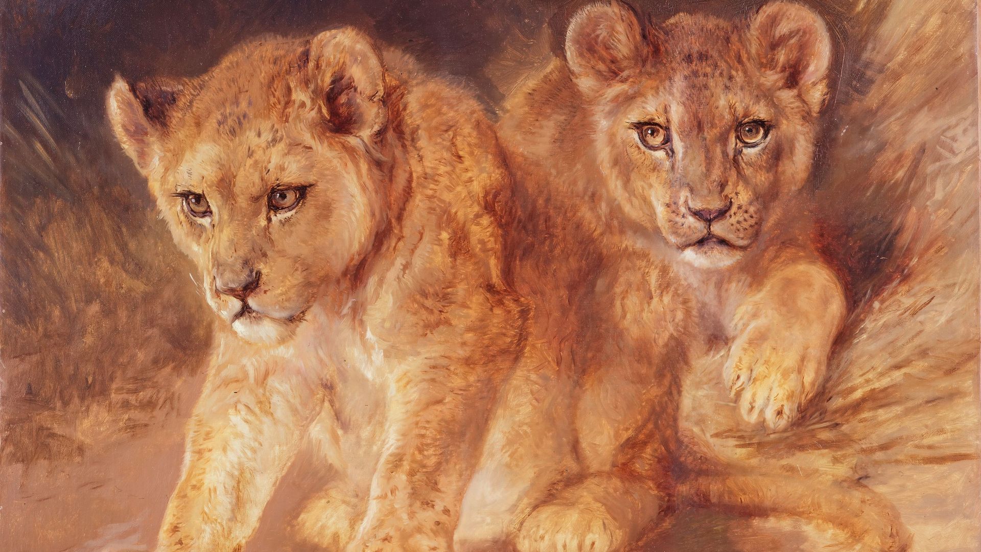 Rosa Bonheur, Lionceaux, s.d., huile sur toile, 63,5 cm x 79,4 cm (25 in. x 31 1/4 in.), Les sœurs Walker ont reçu cette peinture de deux lionceaux de leur amie Anna Klumpke, qui avait hérité des biens de l’artiste Rosa Bonheur après sa mort en 1899.