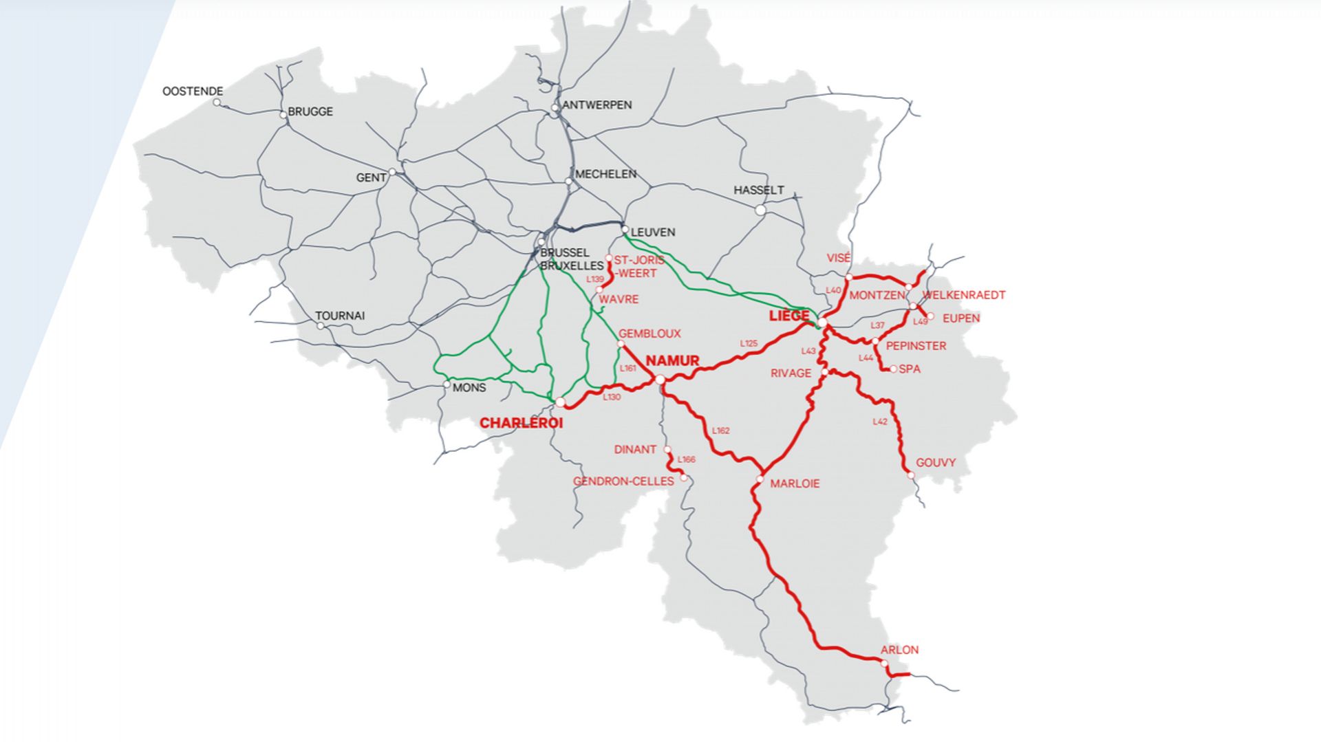 Carte du réseau ferroviaire belge, mise à jour de 16h15
