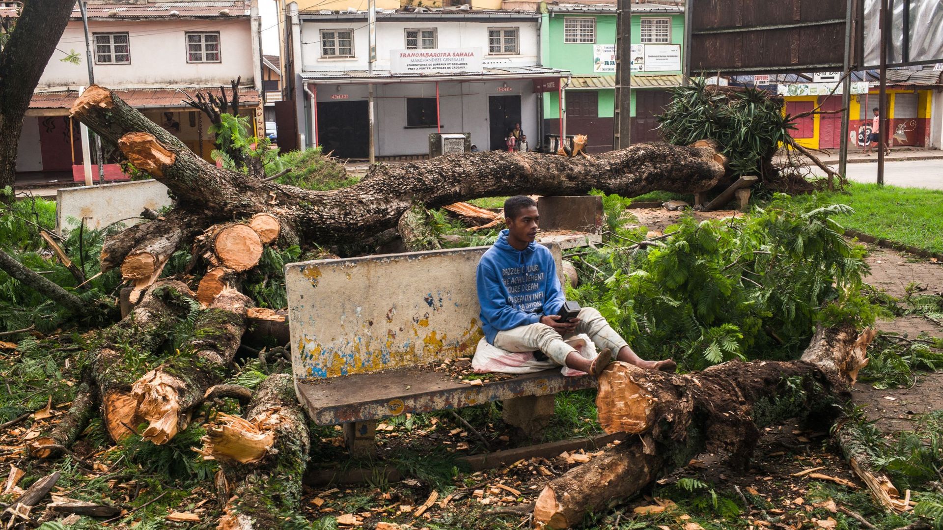 Un homme est assis sur un banc au milieu d'arbres déracinés dans un jardin public dans le centre d'Antsirabe après le passage du cyclone Batsirai, le 6 février 2022
