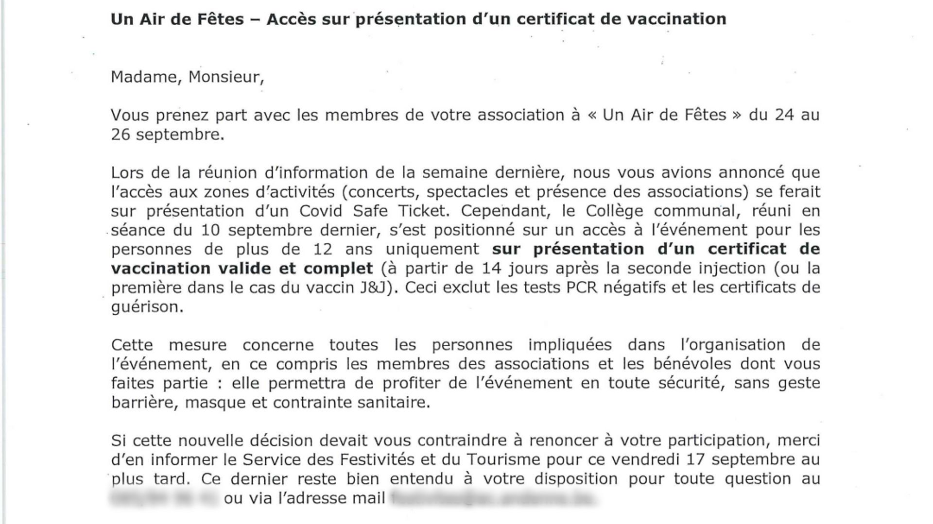 Dans un communiqué de presse destiné aux associations prenant part aux fêtes de Wallonie, le collège impose le certificat vaccinal pour participer à l’événement "un air de fête"