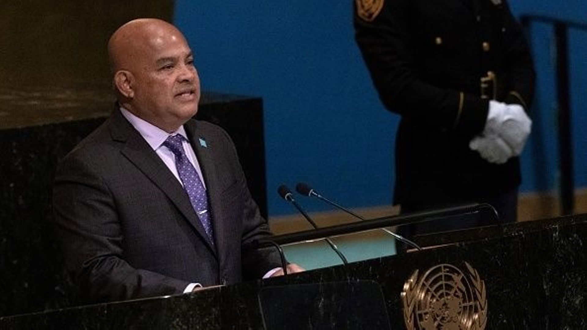 Le président de la Micronésie, David Panuelo, s'adresse à la 77e session de l'Assemblée générale des Nations Unies au siège de l'ONU à New York, le 22 septembre 2022.
