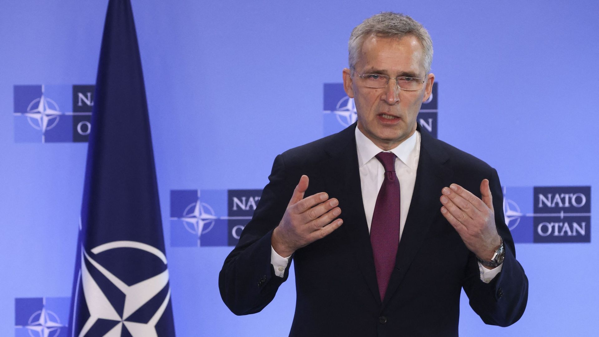 Le secrétaire général de l’OTAN, Jens Stoltenberg, lors d’une conférence de presse avec la secrétaire d’État américaine, le 4 mars 2022.