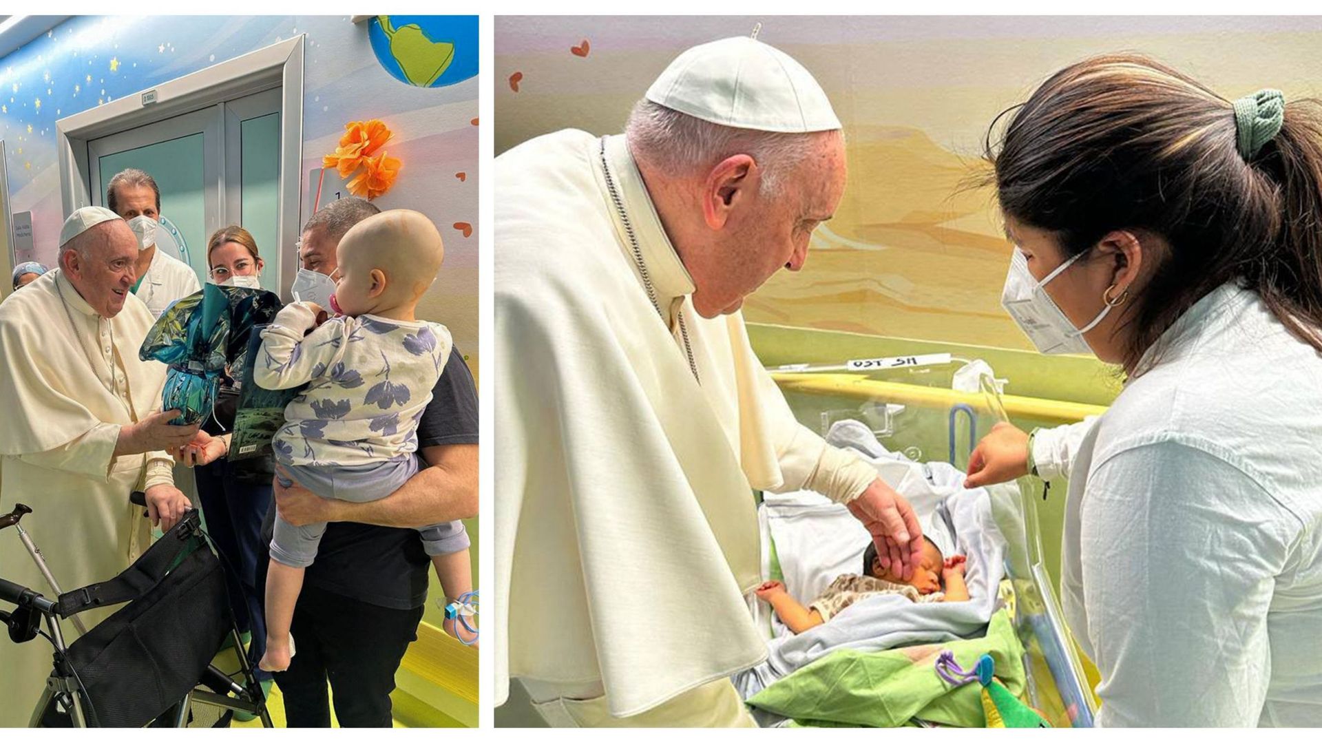 Cette photo prise et distribuée par les médias du Vatican le 31 mars 2023 montre le pape François embrassant un petit garçon nommé Miguel Angel, après l’avoir baptisé.