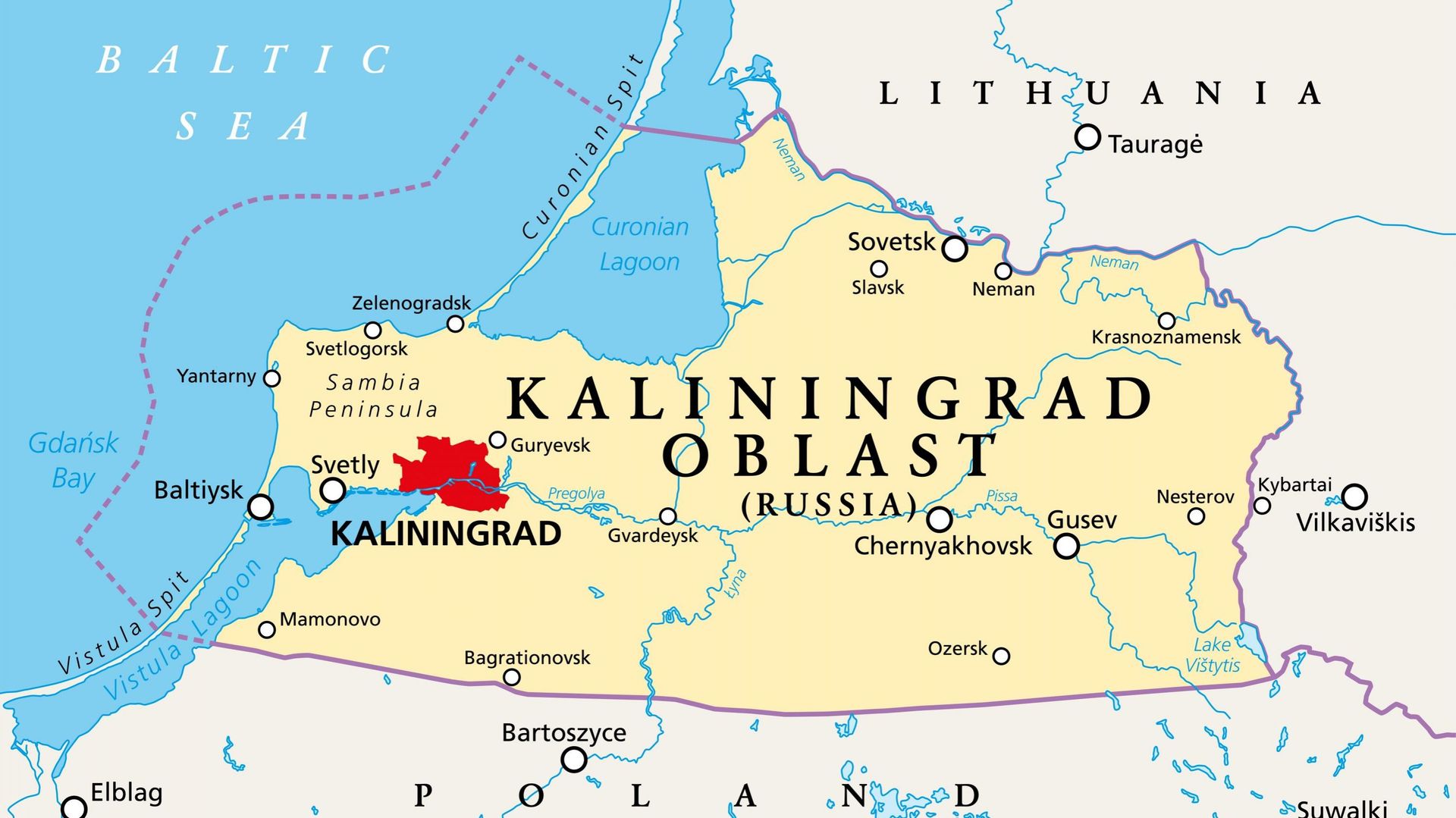 Carte du territoire russe de Kaliningrad, enclavé entre la Pologne et la Lituanie.