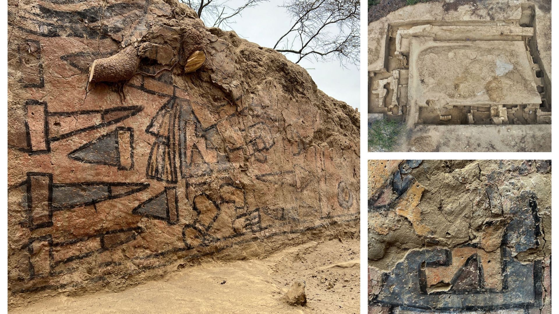 Peinture murale pré-hispanique présentant des scènes mythologiques, découverte près de la ville de Lambayeque, à Illimo, dans le nord du Pérou, après des décennies où elle était considérée comme perdue par les archéologues.