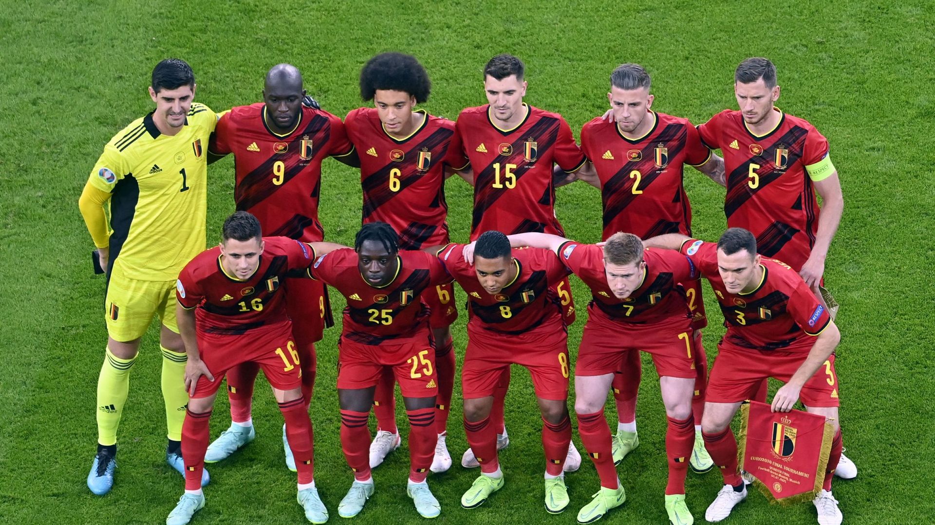 Belgian players pose for a family portrait ahead of the quarter-finals game of the Euro 2020 European Championship between the Belgian national soccer team Red Devils and Italy