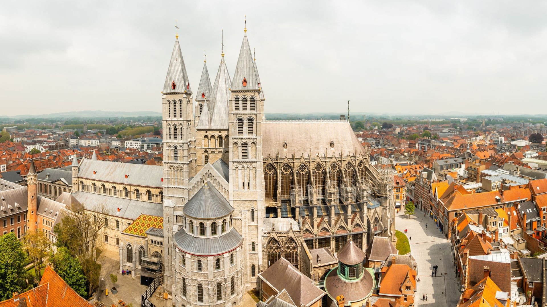 Notre-Dame de Tournai towers and surrounfing streets with old buildings panorama, Cathedral of Our Lady, Tournai, Walloon municipality, Belgium