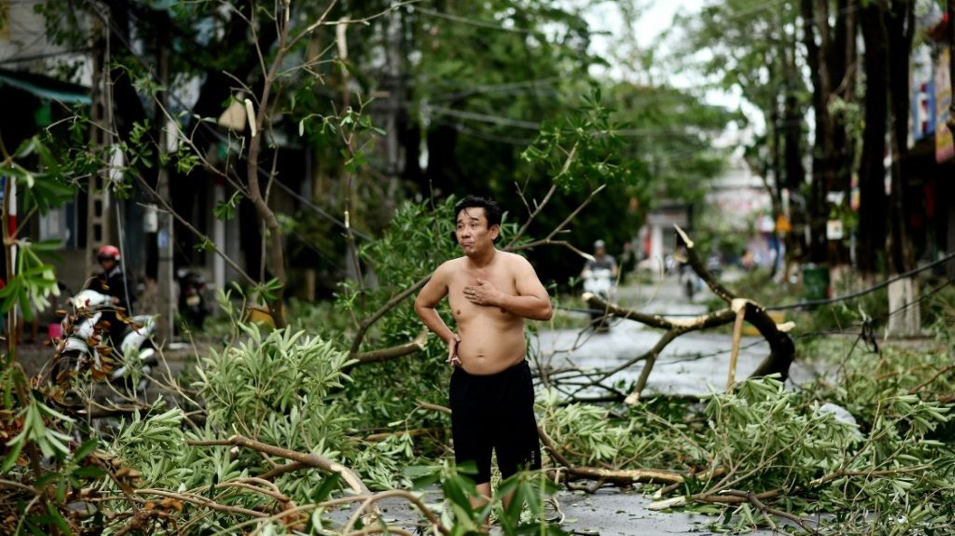 Un habitant au milieu des débris d'arbres après le passage du typhon Molave, le 28 octobre 2020 à Quang Ngai, dans le centre du Vietnam