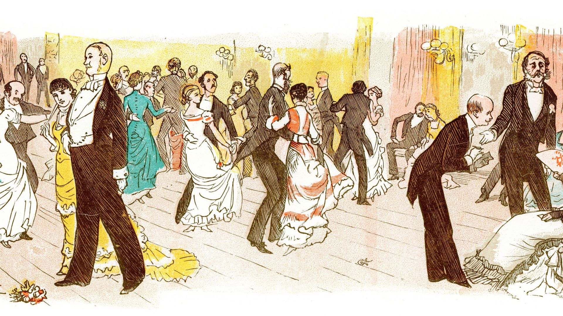 Gravure de personnes dansant à un bal victorien dans les années 1880.