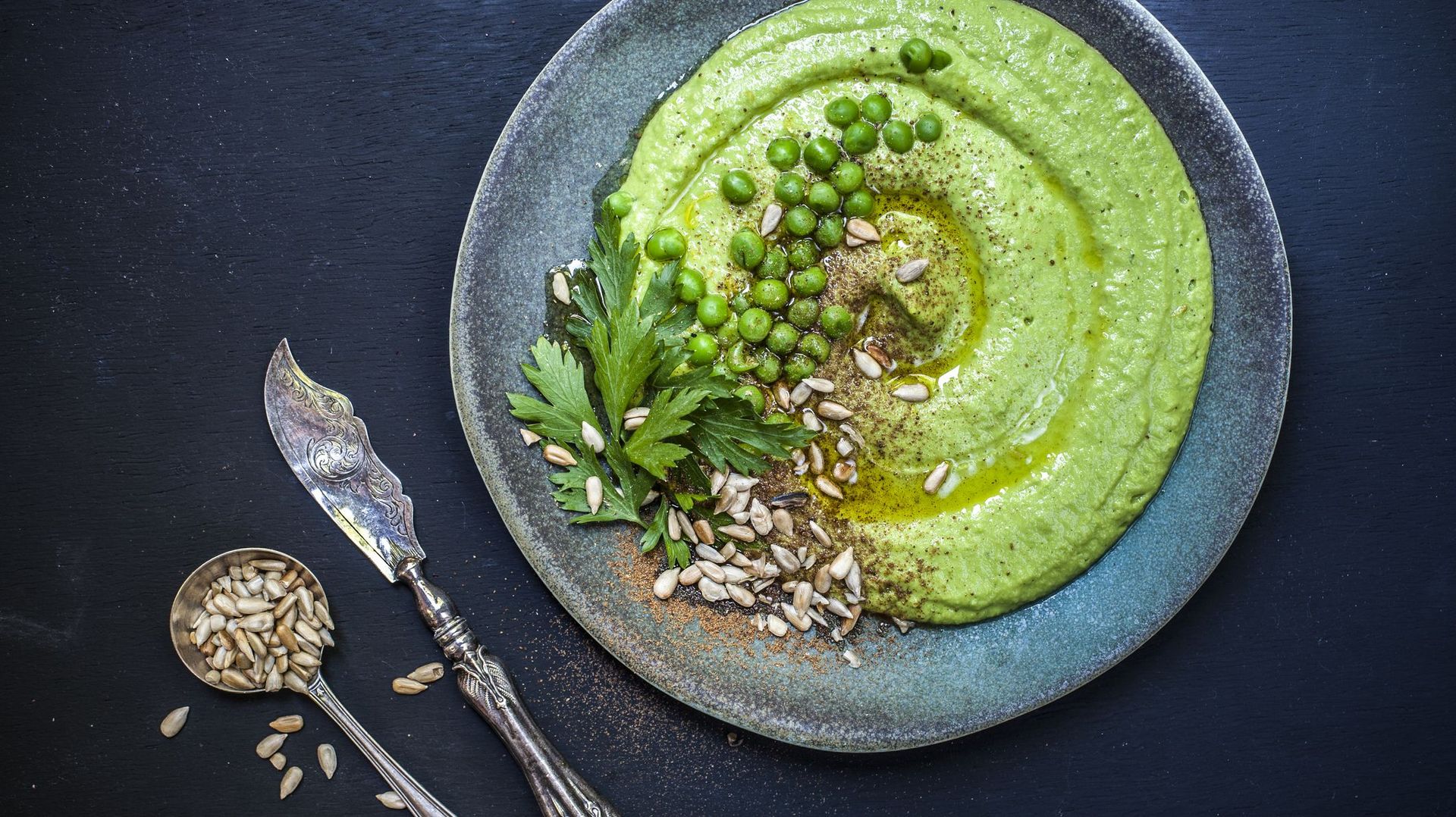 Green Hummus Plate with Antique Spoon and Knife