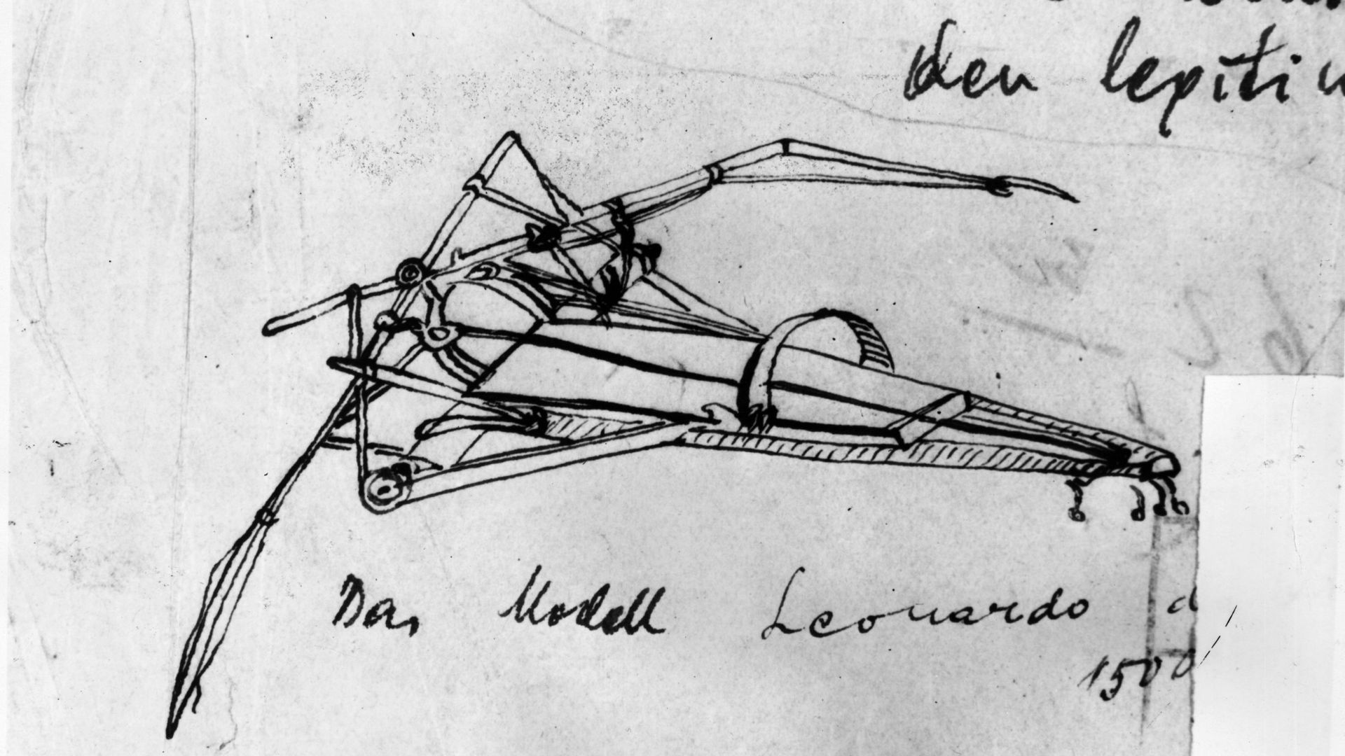 Vers 1500, esquisse à la plume d’une machine volante réalisée par Léonard de Vinci.